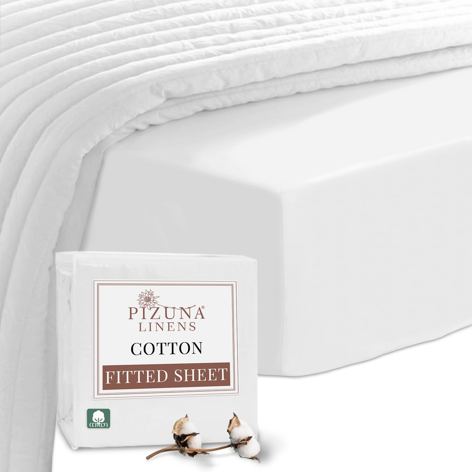 Pizuna 100% Cotton Sheets King Size White, 400 Thread Count Long Staple Cotton King Size Fitted Sheet 160x200 cm, Sateen