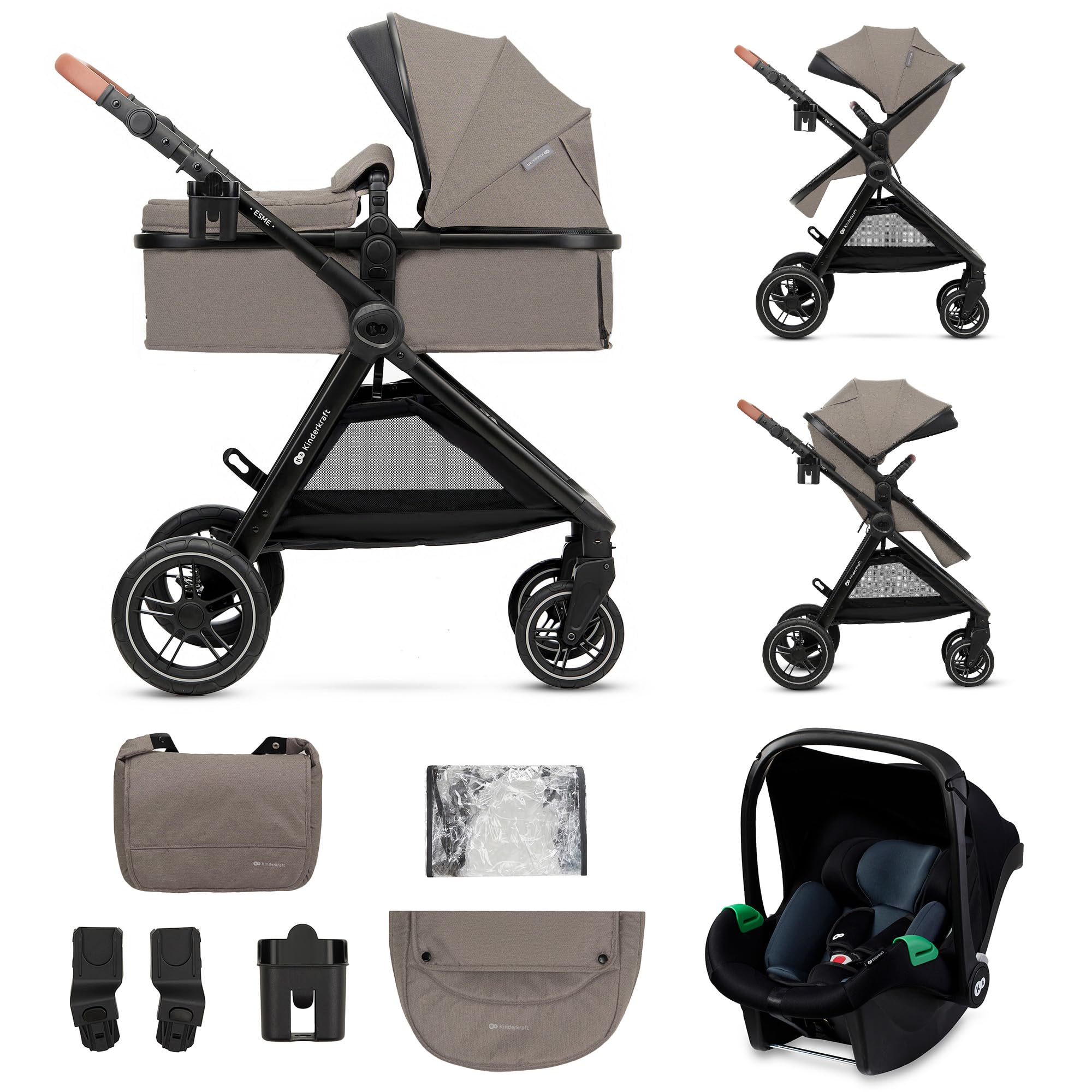 Kinderkraft ESME 3-in-1 Car Seat with Mink PRO I-Size Baby Carrier, Travel System, Baby Stroller, Foldable Stroller, New