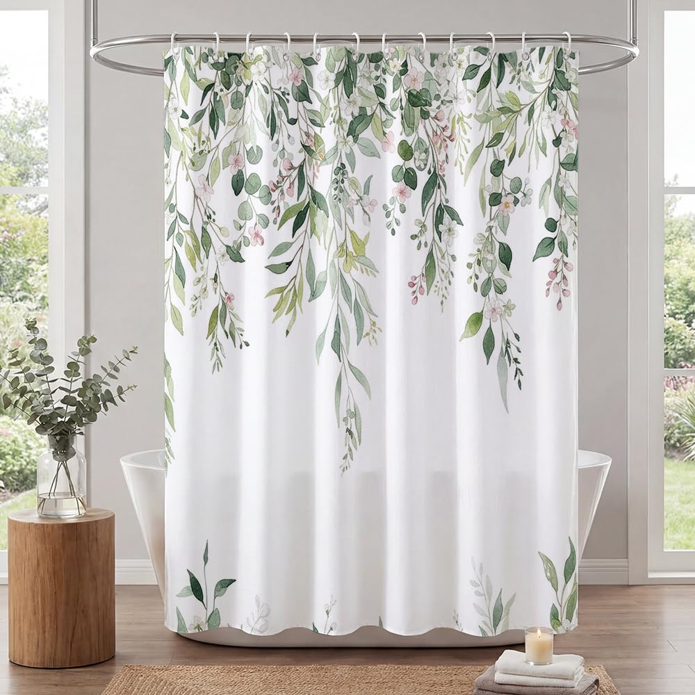 Botanical Watercolor Leaves Shower Curtain, 180 x 180 cm Waterproof & Quick-Dry Polyester Fabric with 12 Hooks, Machine 