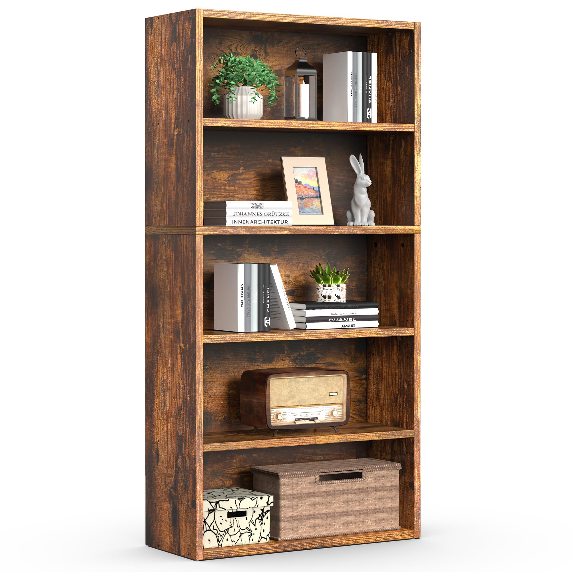Sweetcrispy Industrial 5 Shelf Bookcase - Large 53 Inch Tall Floor Standing Open Bookshelf for Home Office, Living Room,