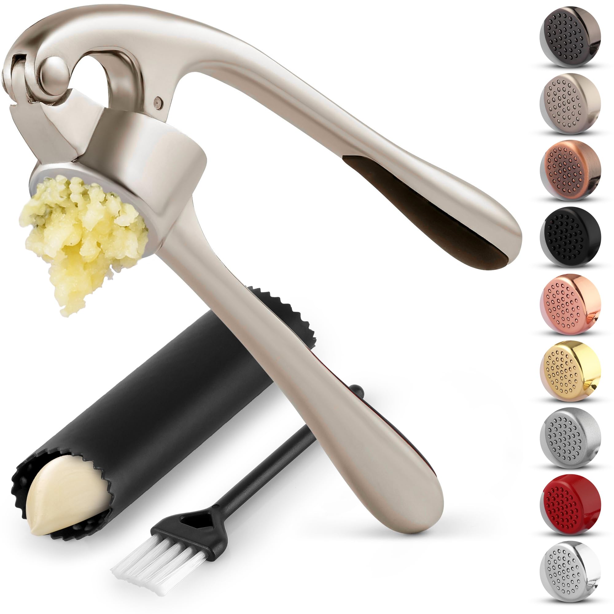 Zulay Kitchen Premium Garlic Press Set - Rust Proof Professional Garlic Mincer Tool - Easy-Squeeze, Easy-Clean with Soft