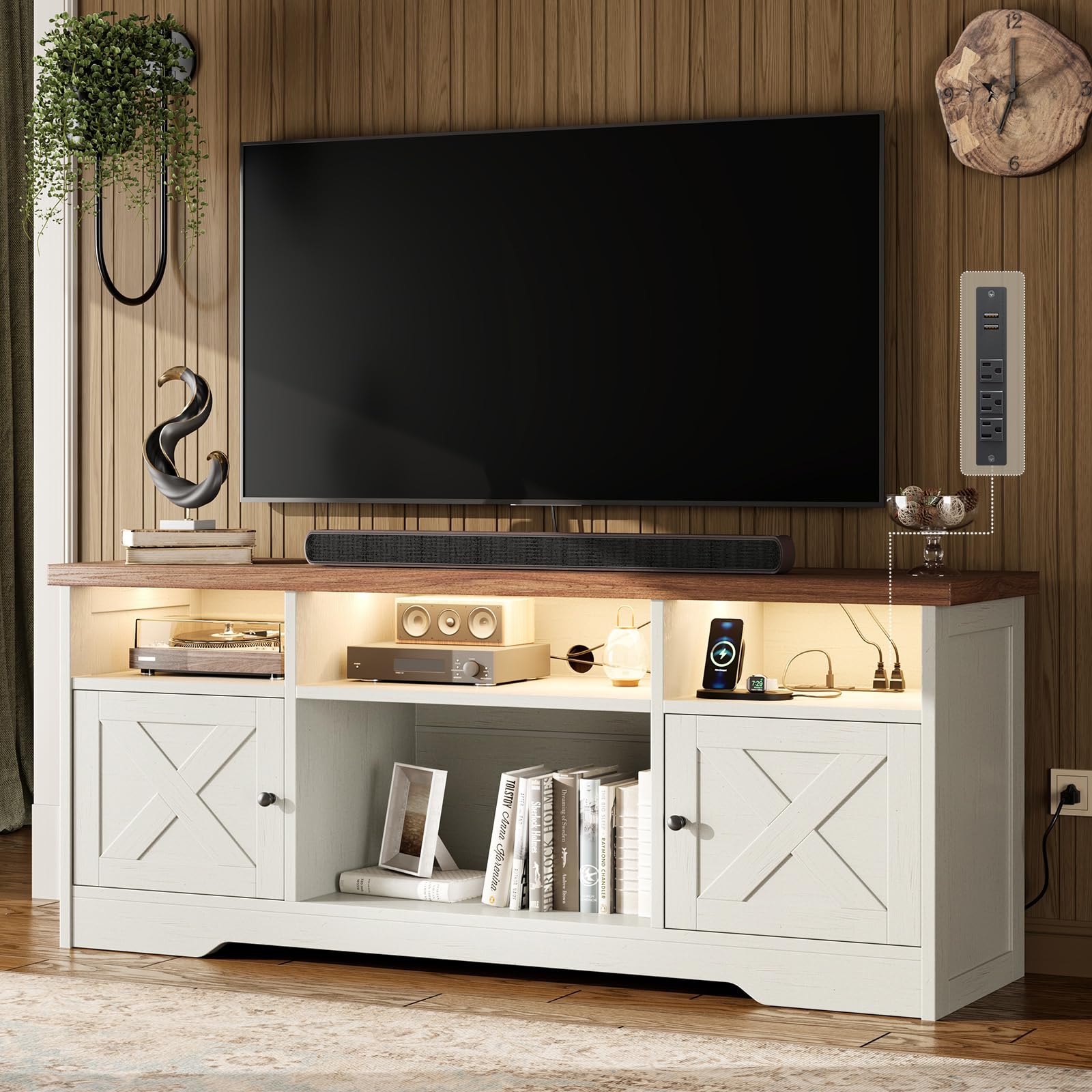 Casaottima TV Stand for 65 Inch TV, Farmhouse Entertainment Center with Power Outlet & LED Light and Storage Cabinets, C
