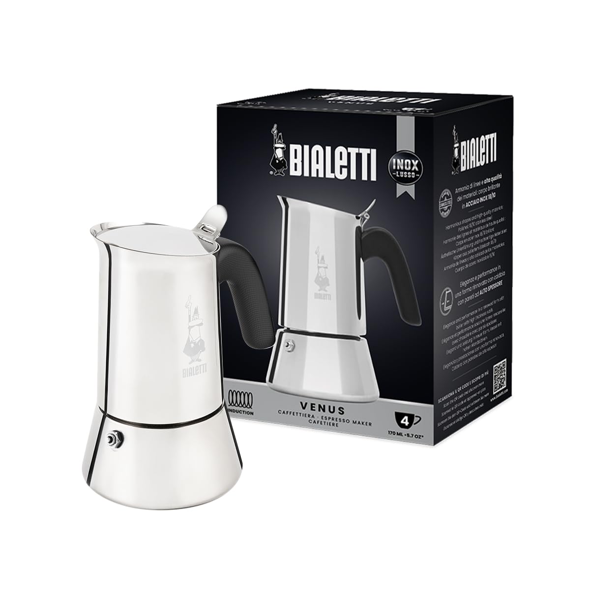 Bialetti New Venus Caffettiera in Acciaio Inox, Adatta all'Induzione, Argento, 4 Tazze,Silver