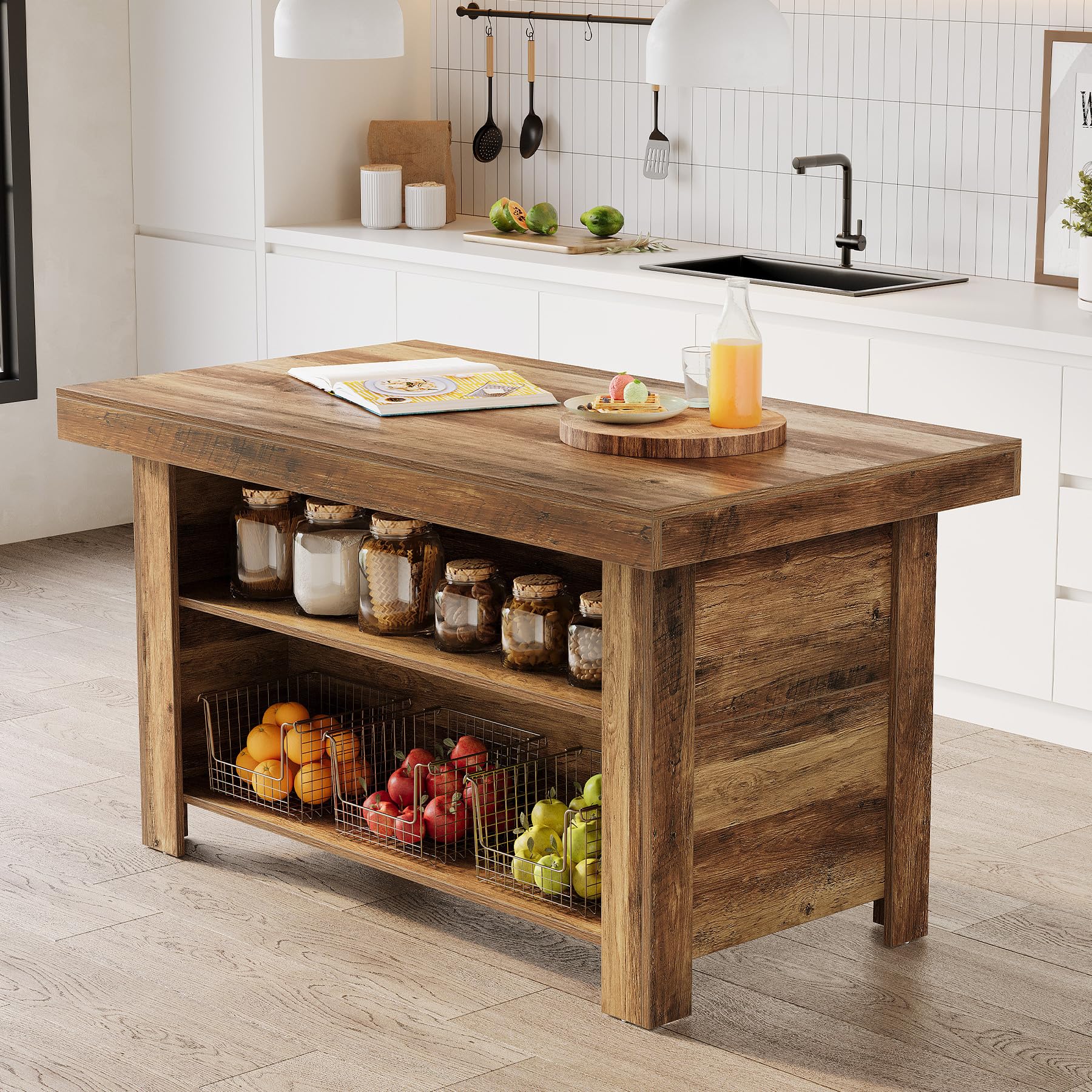 LITTLE TREE 55 Inches Kitchen Island with Storage, 3-Tier Farmhouse Wooden Stationary Island Table with Large Worktop & 