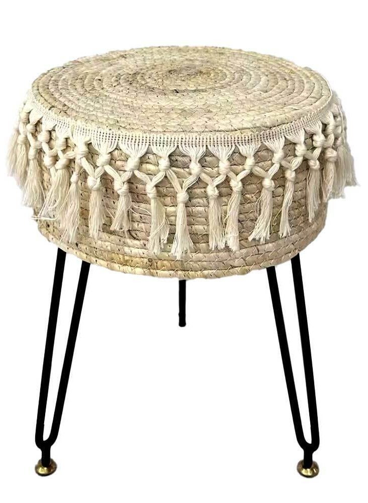 HOME TASTE Natural Seagrass Round Ottoman Footstool Handmade Water Hyacinth Pouf with Metal Legs, Pastoral Style Footres