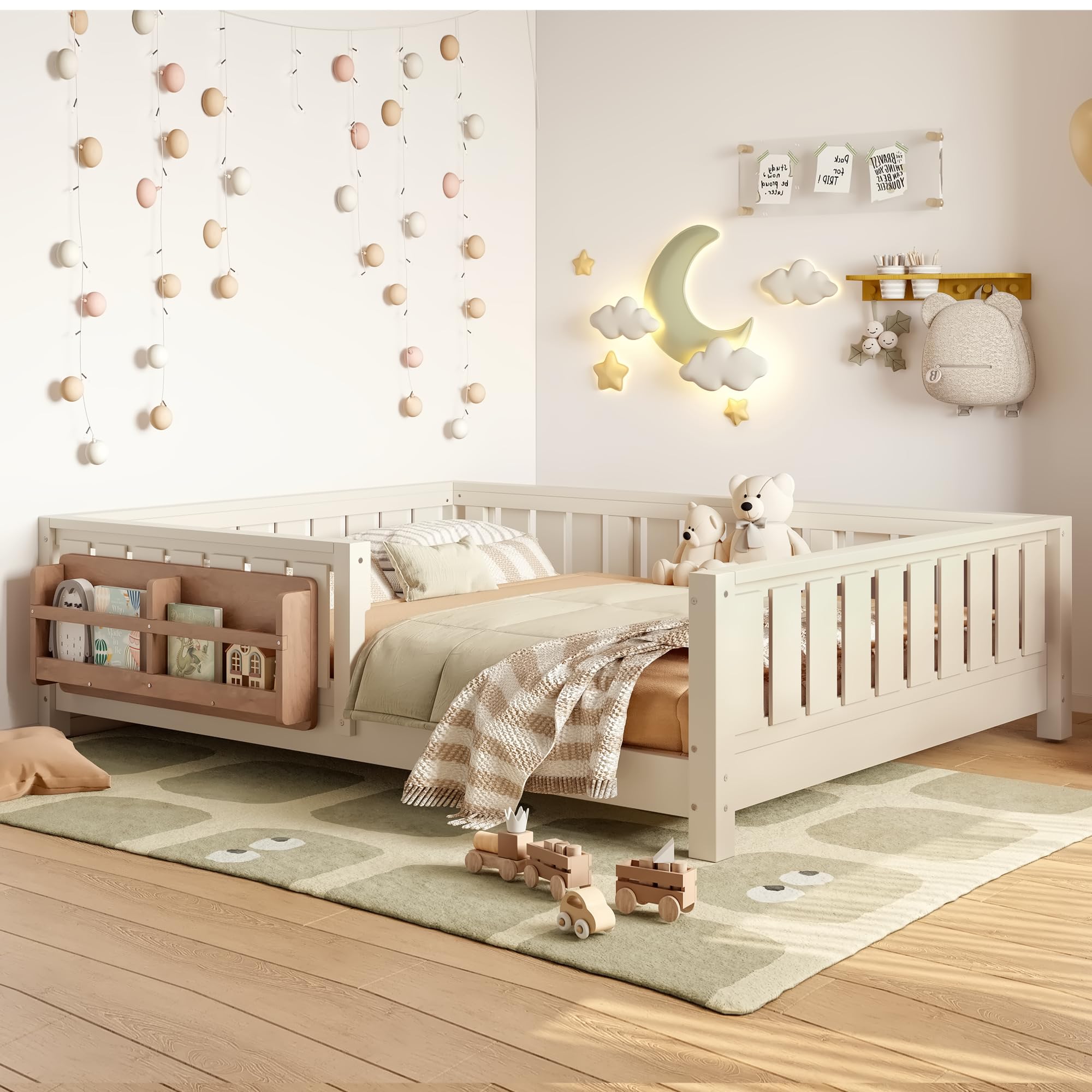 Bellemave Full Floor Bed with Slats and Rails, Full Size Montessori Floor Bed with Bookcase and Fence, Easy Assemble Mon