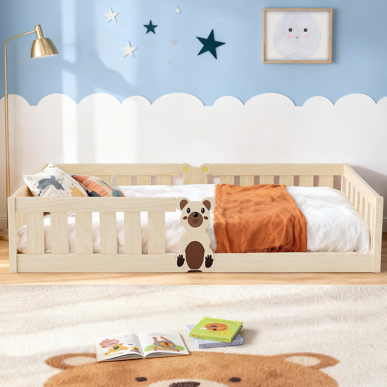 Montessori Kids Floor Bed 90x200cm, Solid Pine Toddler Bed with Guardrails