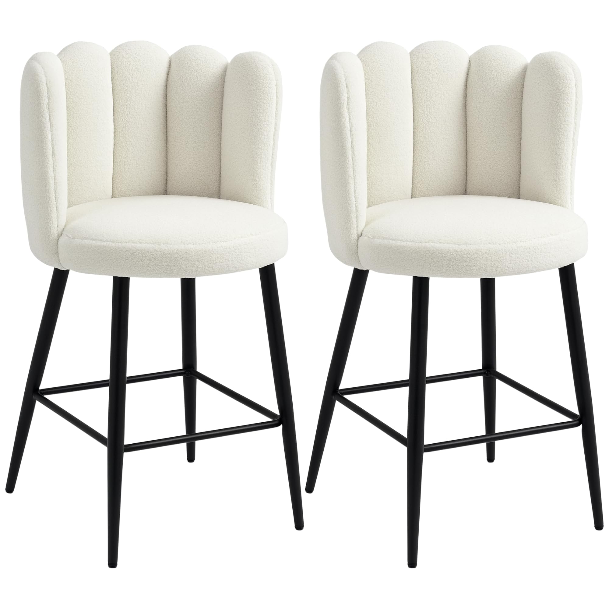 HOMCOM Bar Stools Set of 2, Modern Boucle Upholstered Shell Barstools, Breakfast Bar Chairs with Backrest, Footrest and 