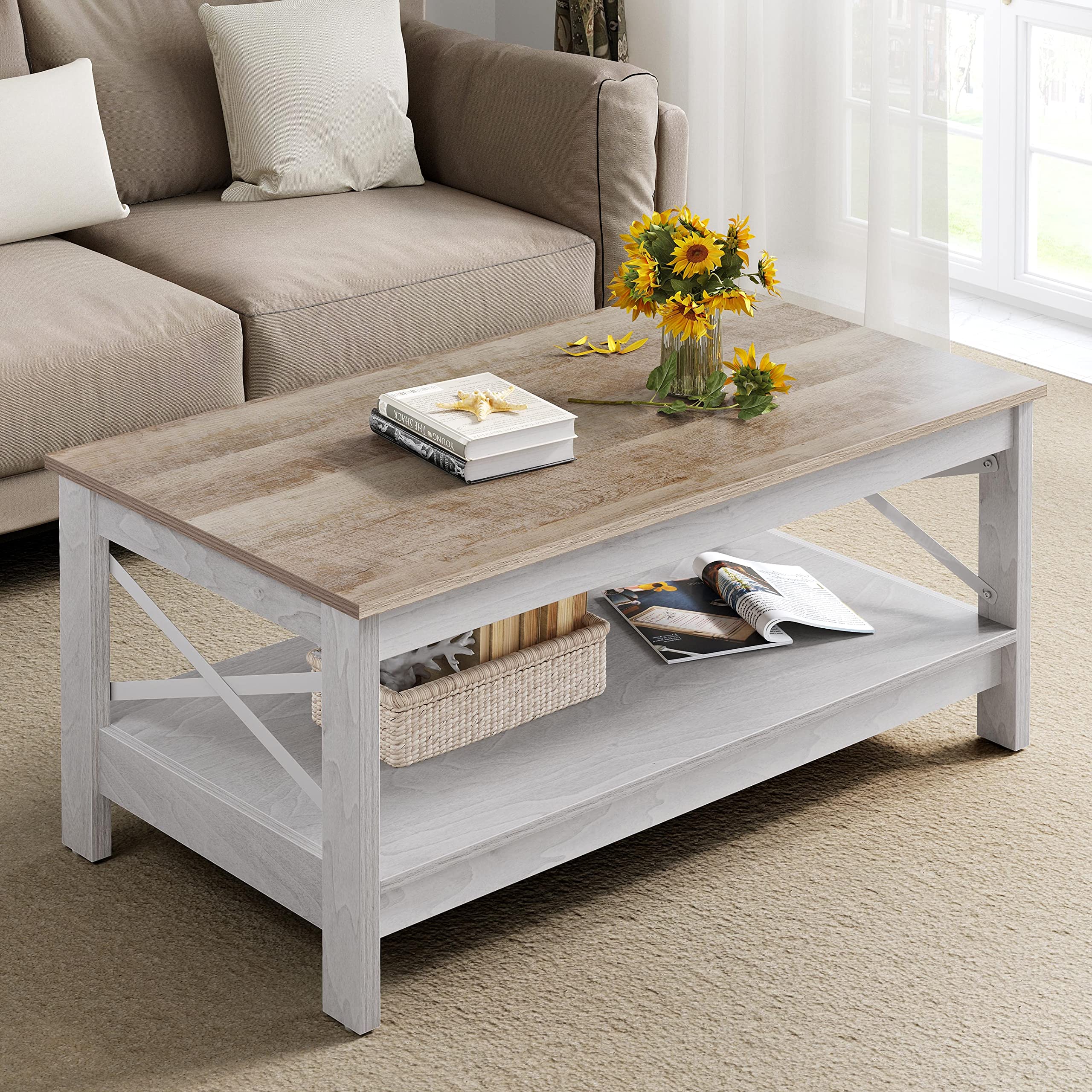 YITAHOME Coffee Table, Living Room Table, 2-Tier Thick Wood, Rectangular Coffee Table, X-Shape Metal Side Support, Sturd