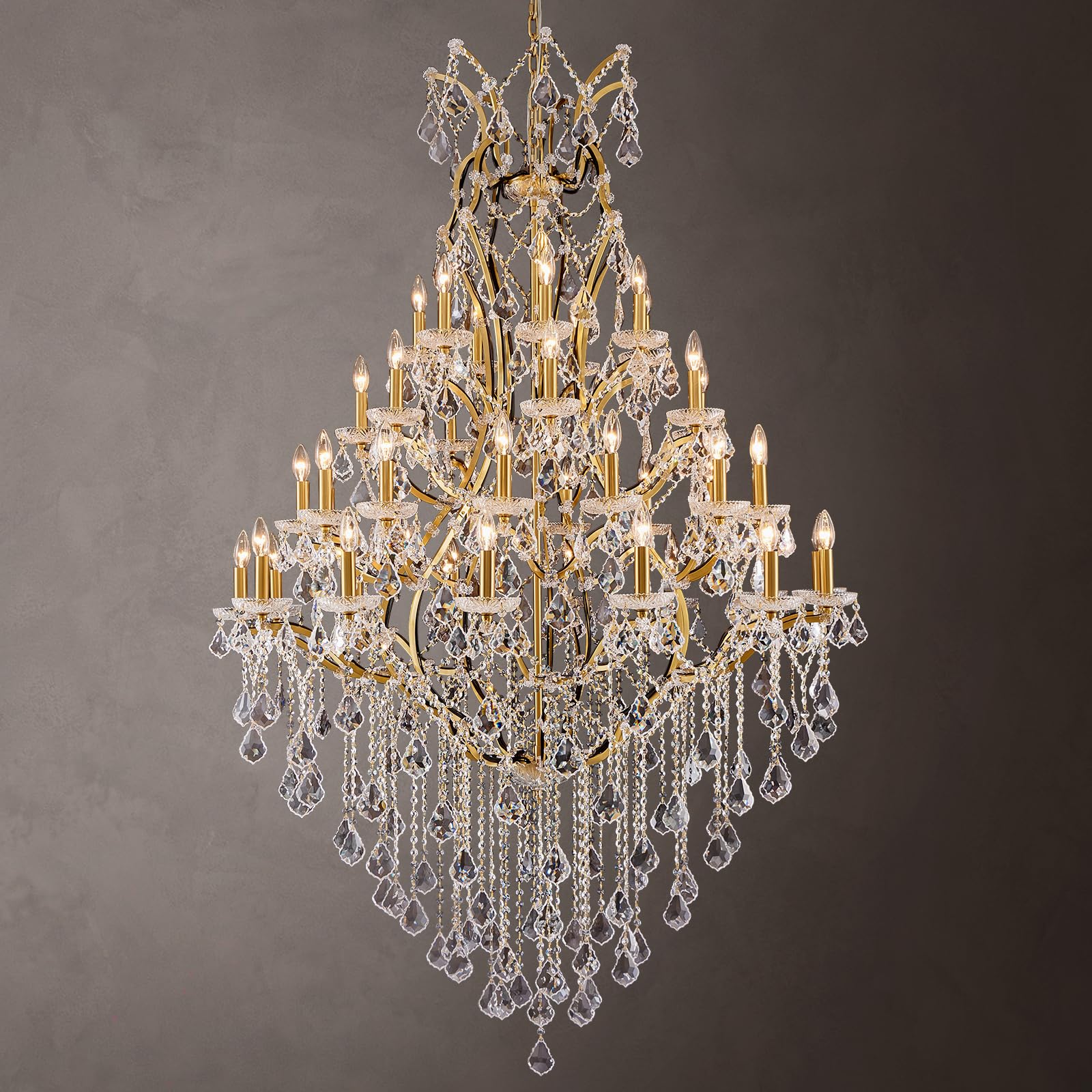 42 Lights Large Crystal Chandeliers for High Ceilings Brass Maria Theresa Chandelier Light Fixture Heavy Modern Chandeli