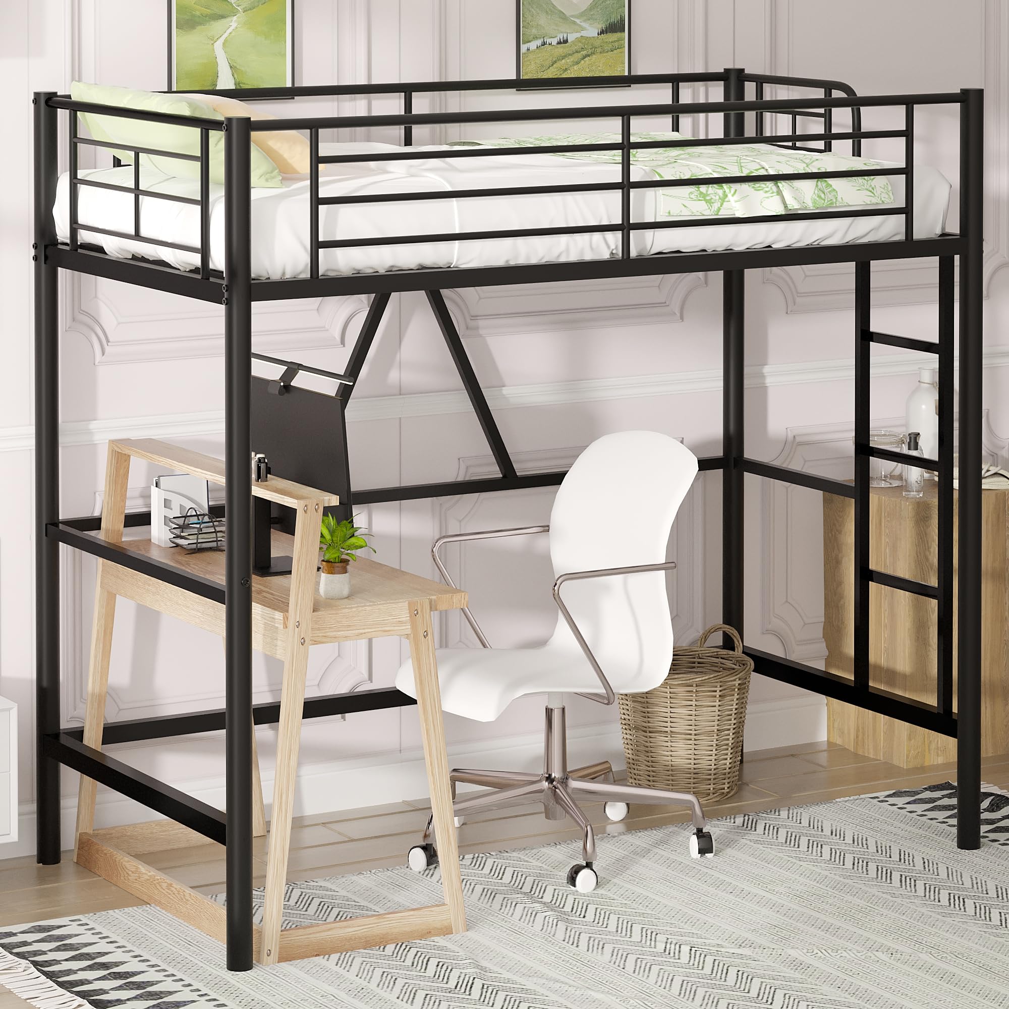 VECELO Metal Loft Bed Twin Size, Heavy Duty Bedframe with Removable Ladder and Safety Guardrail, Space-Saving, Noise Fre