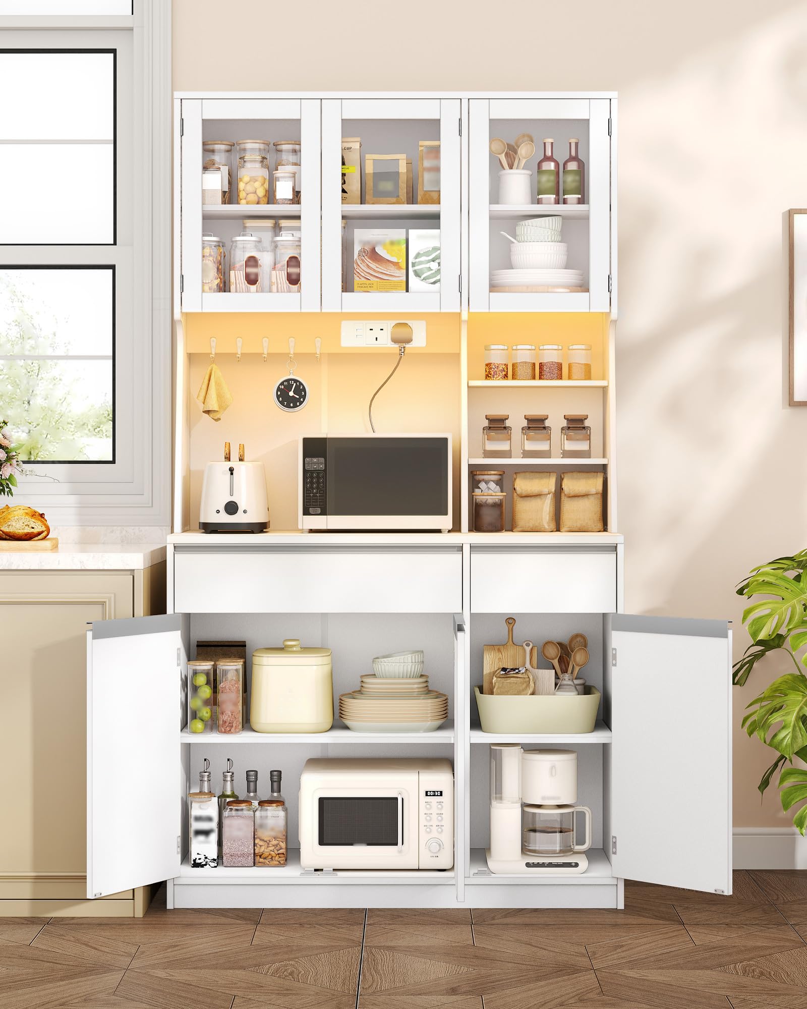 Hzuaneri Kitchen Cupboard with LED & Power Outlet, Tall Kitchen Cabinet with Countertop & 2 Drawers,