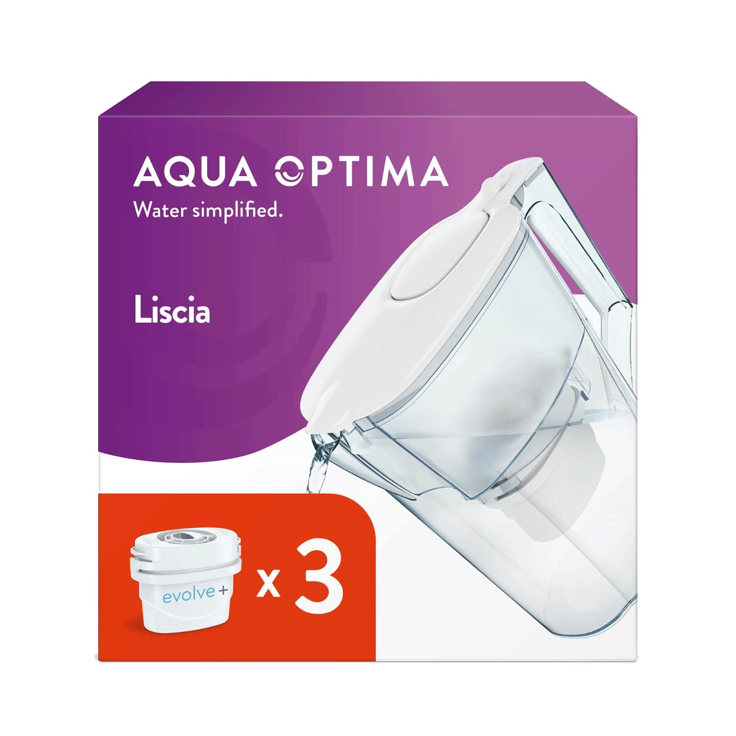 Aqua Optima Liscia Water Filter Jug & 3 Evolve+ Filter Cartridges 2.5L White - Fridge & Dishwasher Friendly, Easy Fill -
