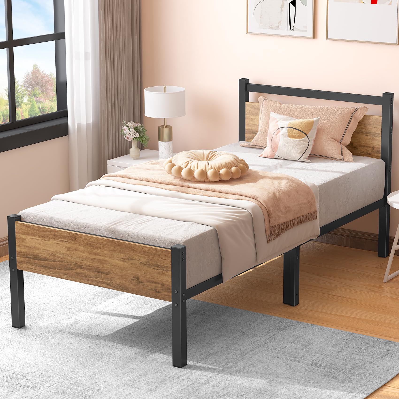 Yornoli Single Bed Frame with Wooden Headboard, 31.5cm Metal Platform Bed Frame with Underbed Storage, Sturdy & Non-Slip