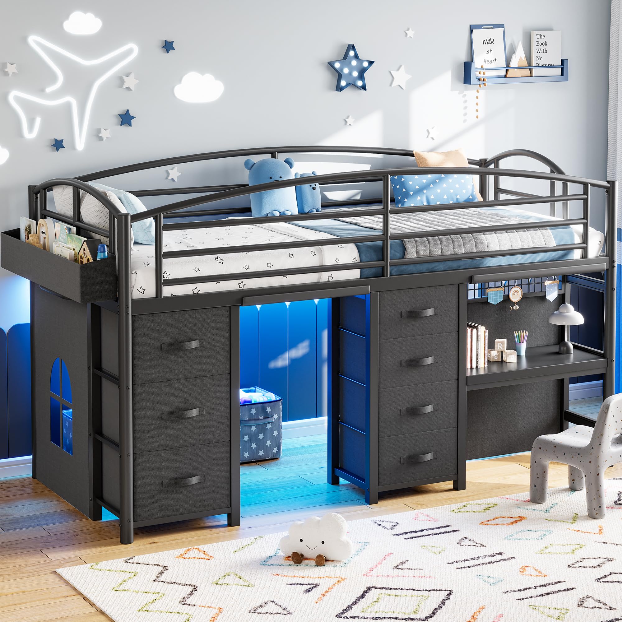 Low Loft Bed Twin Size with 7 Storage Drawers, Desk and LED Lights, Heavy Duty Metal Kids Loft Bed with 13.8