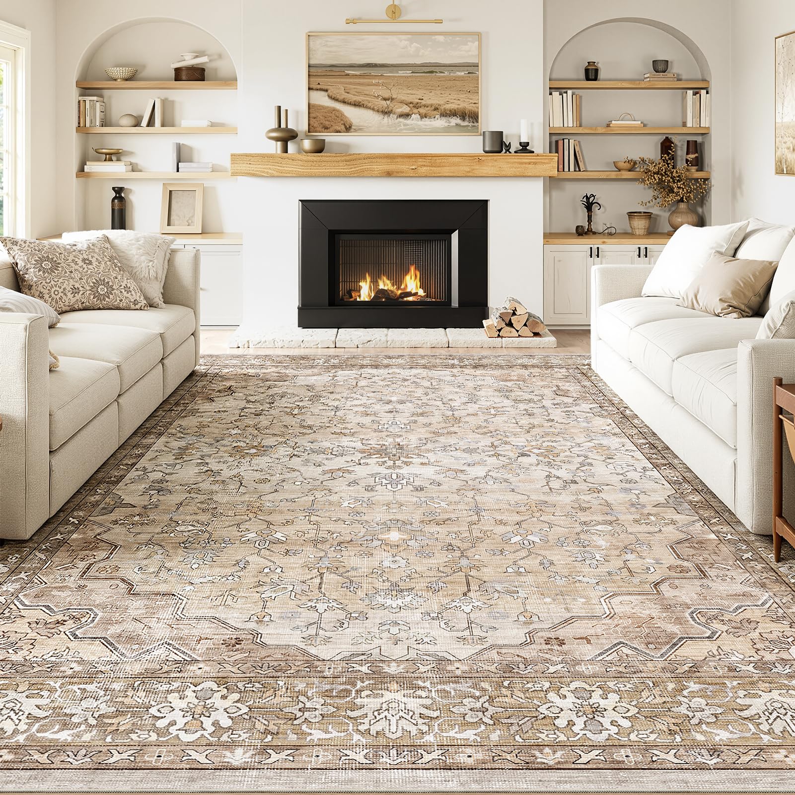 Topfinel Large Rugs for Living Room 200x290, Faux Wool Short Pile Non-Slip Beige Area Rug, Machine W