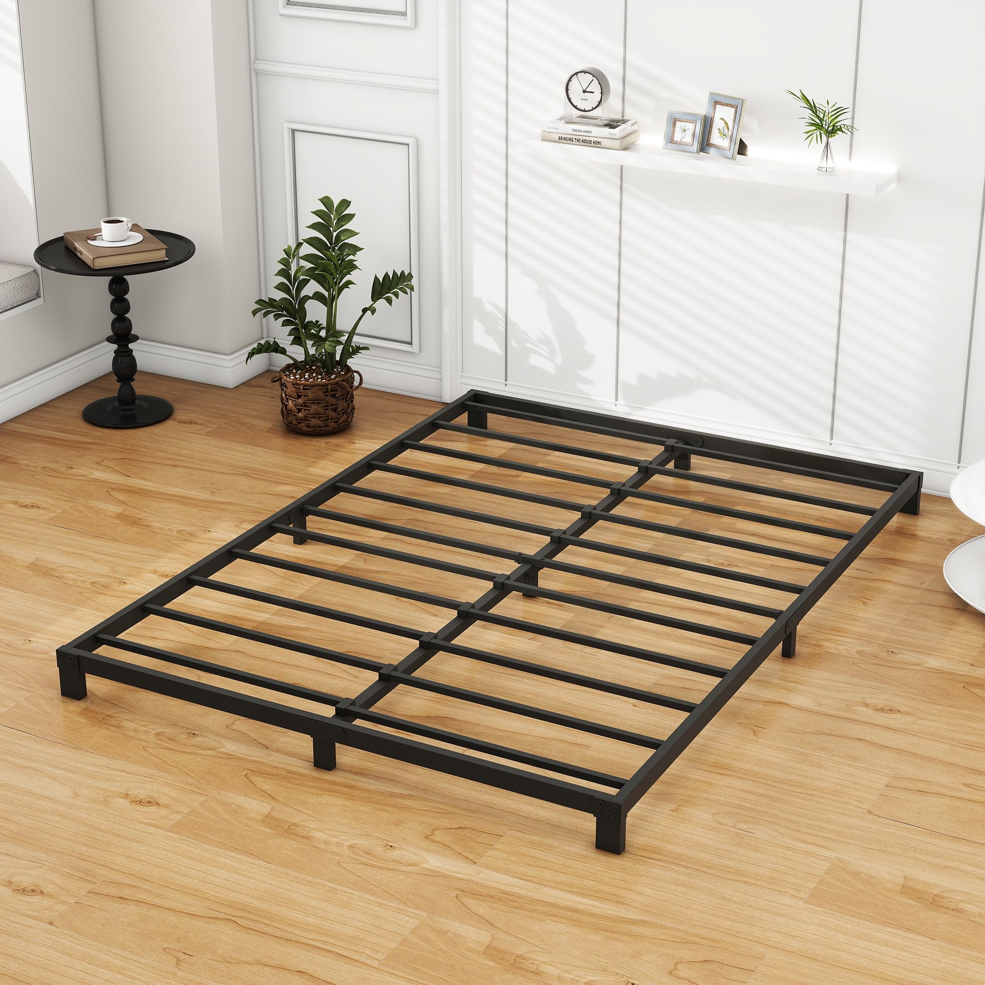 12cm Low 4ft6 Double Bed frame, Metal Bed 135x190 cm, Double Size Heavy Duty Metal Platform Bed Frame with Steel Slat Su