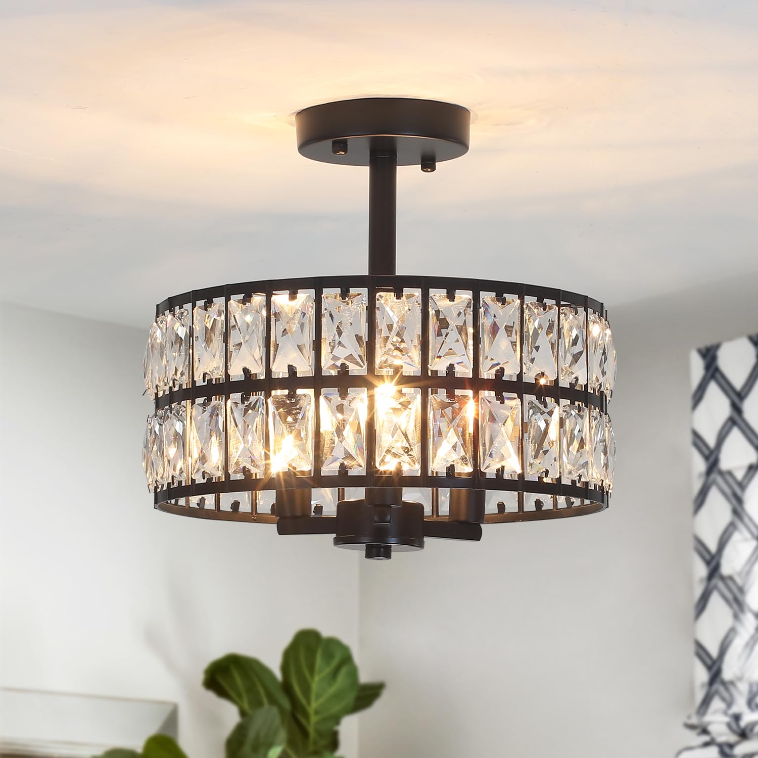 Crystal Ceiling Lights 3-Light Black Ceiling Lights Living Room Modern Crystal Chandelier Semi Flush