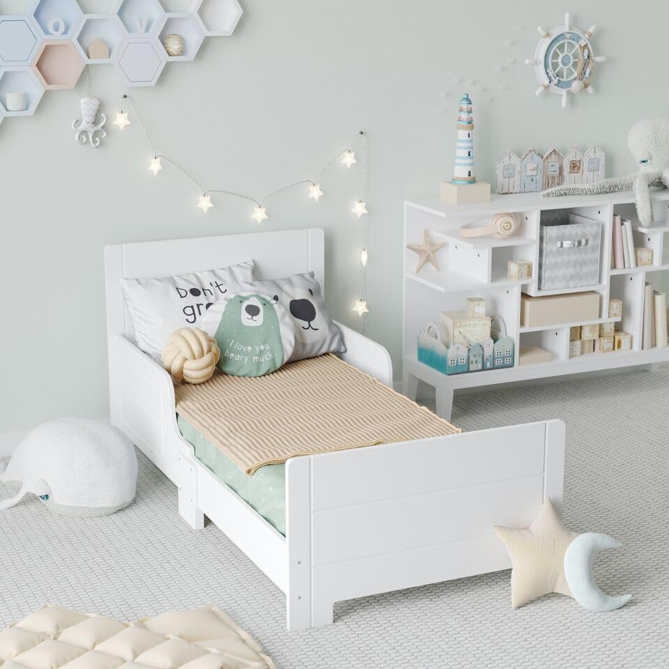 URBNLIVING Classic Wooden Toddler Kids Bed with Safety Side Guard Rail for Girls and Boys, Perfect for Junior Bedrooms T