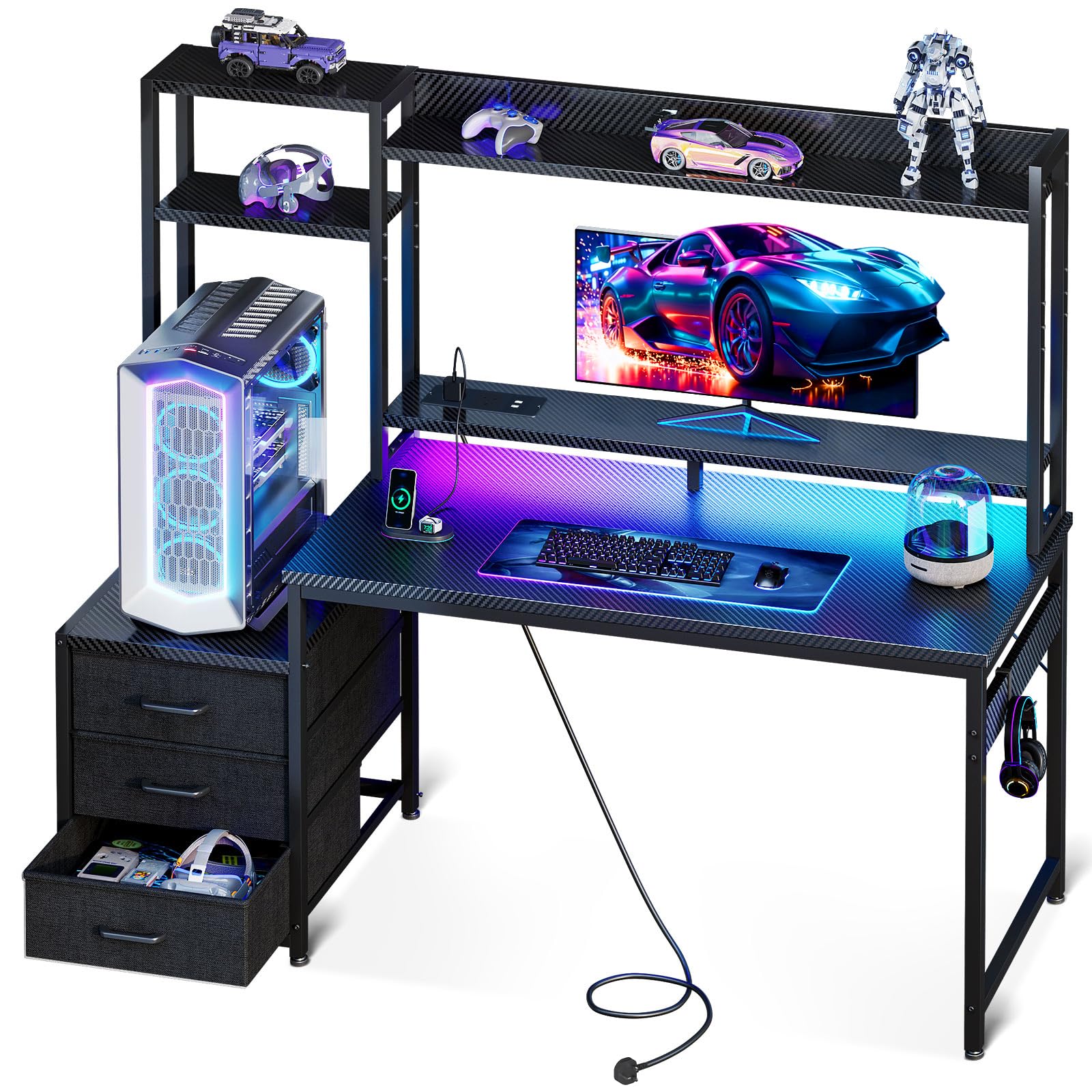 Coleshome Gaming Desk with Drawers & Display Shelves, 120×48 cm Computer Desk with LED Lights & Sock