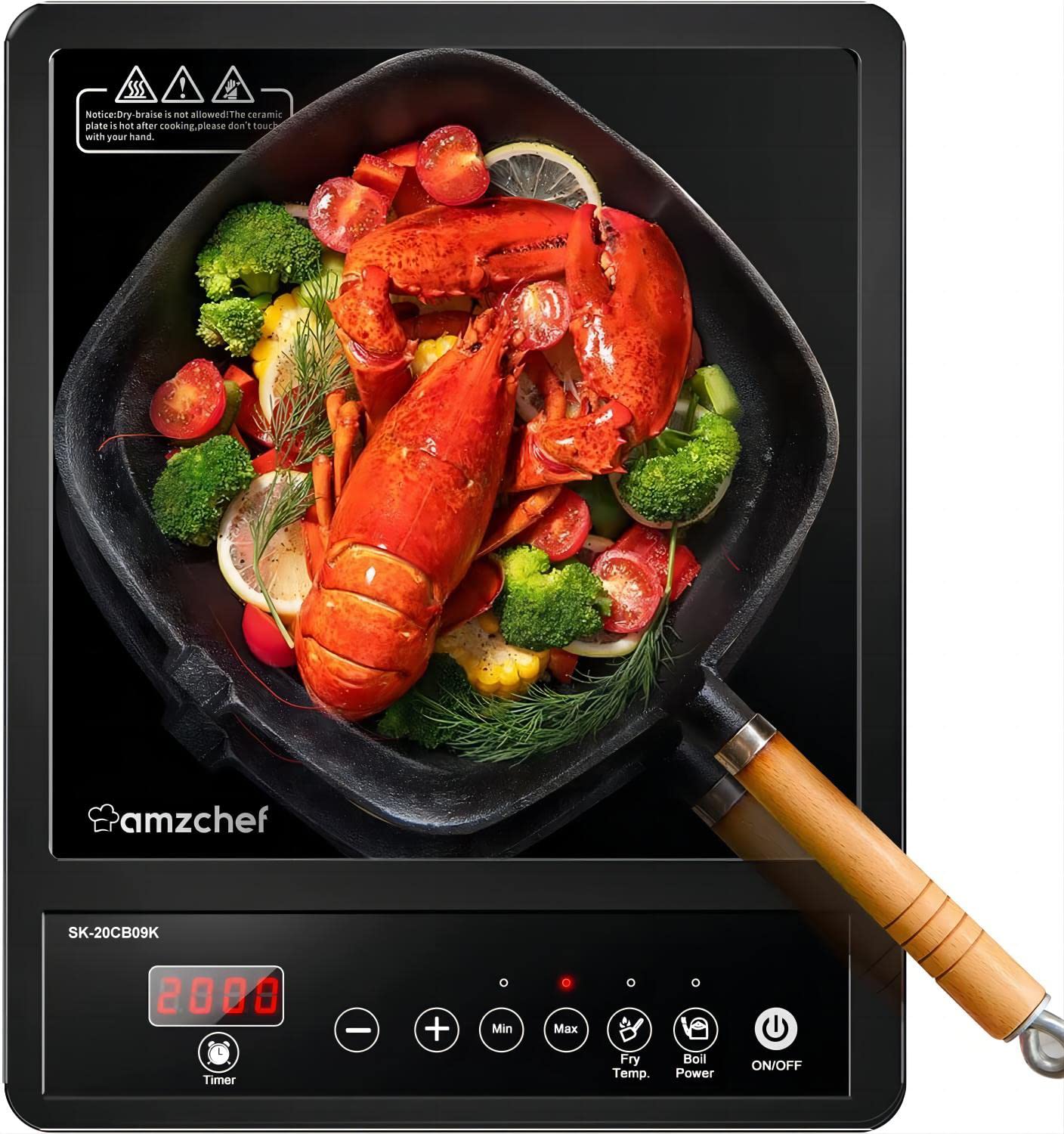 AMZCHEF Single Induction Hob, Portable Induction Hob, 10 Temperature Settings and Power levels from 300W to 2000W, Black