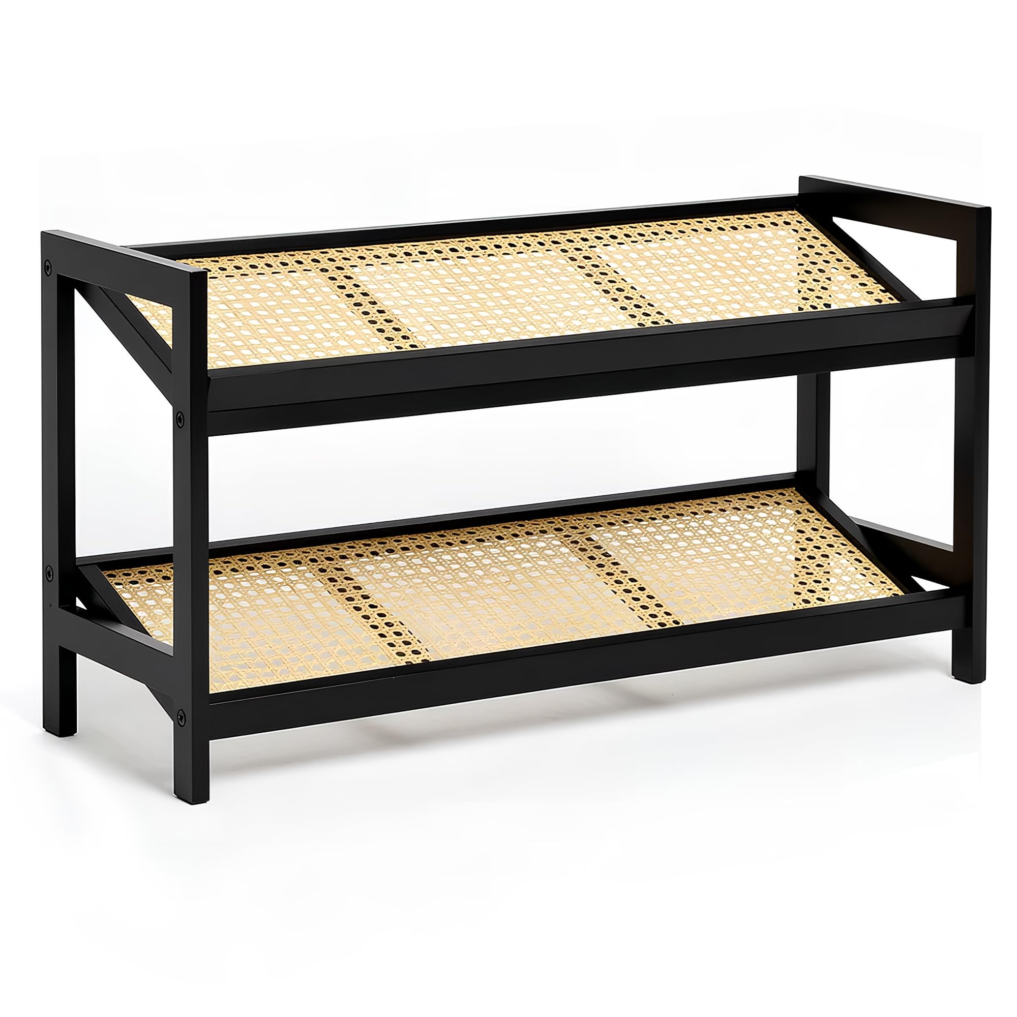 KEPLIN 2 Tier Bamboo and Rattan Shoe Rack Organiser – Eco-Friendly, Durable, Easy Assembly – Compact Design for Entryway