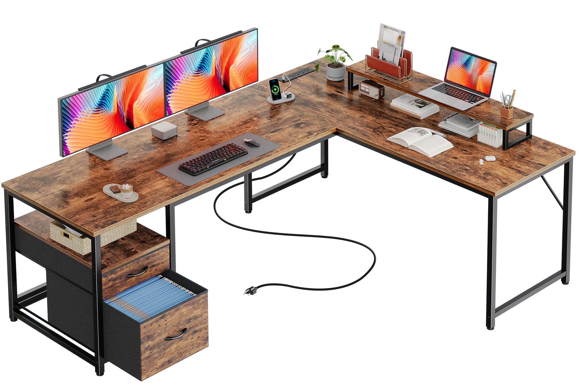 PRAISUN 63 Inch L Shaped Desk with Power Outlets and USB-C Port, Computer Corner Home Office Desk wi