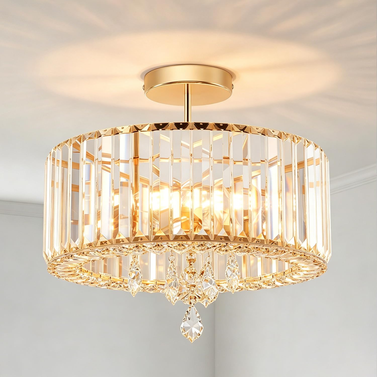ANWIO Gold Crystal Ceiling Lights,3-Light Modern LED Chandeliers Fitting,Industrial Crystal Semi Flu
