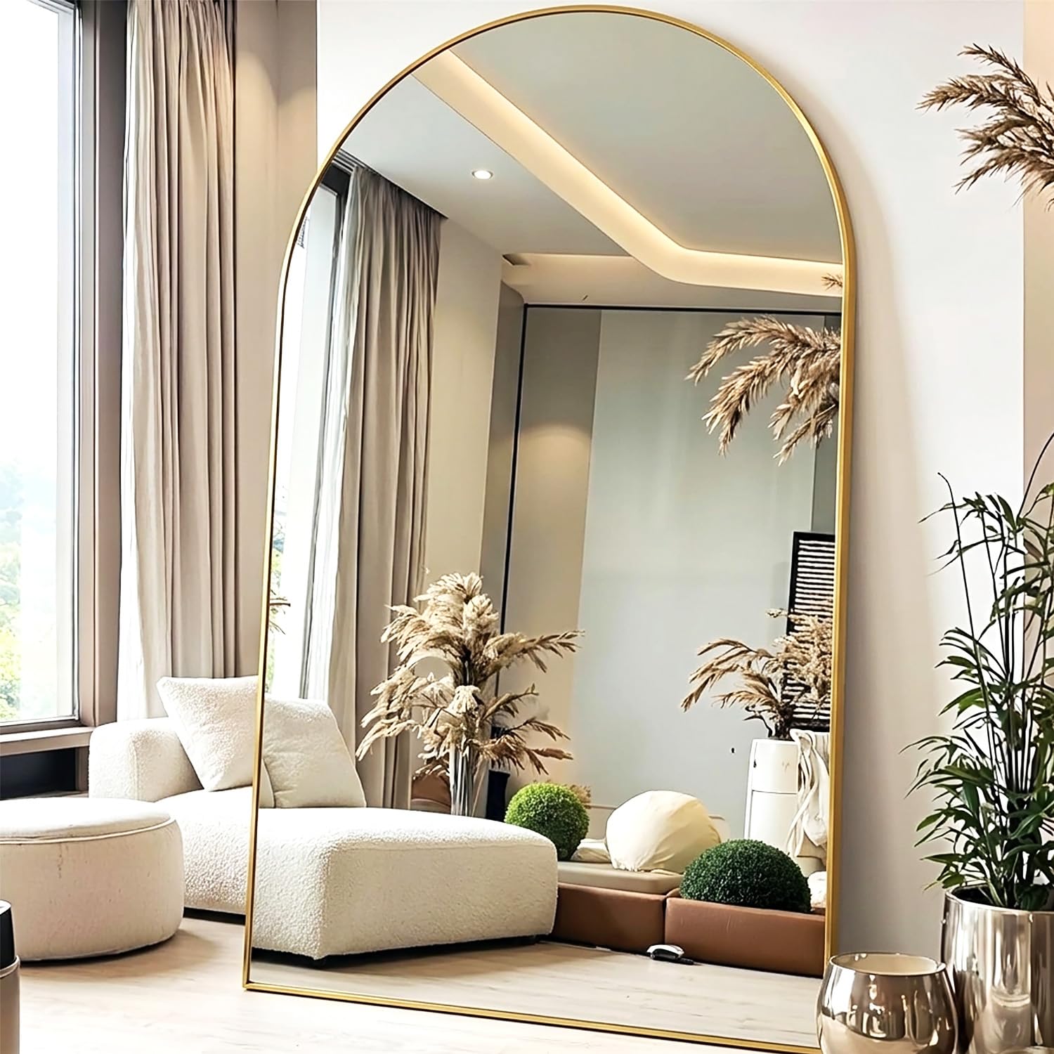 KOMCOTE Full Length Floor Mirror, 91x46 Inch Oversized Arched Standing Mirror in Gold for Bedroom, L