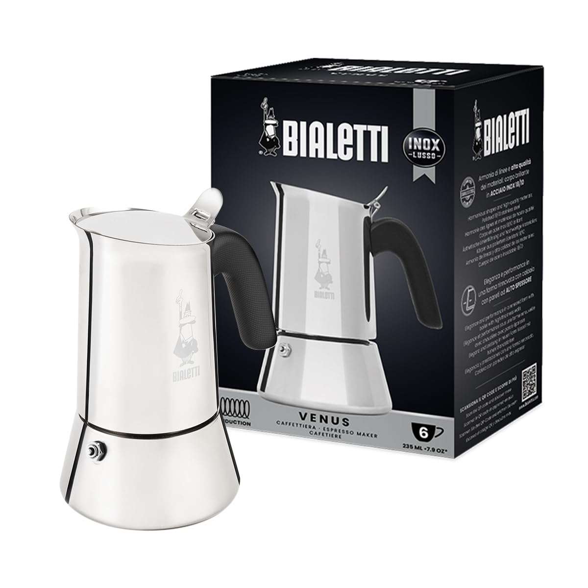 Bialetti - New Venus Induction, Stovetop Coffee Maker, Suitable for all Types of Hobs, Stainless Steel, 6 Cups (7.9 Oz),
