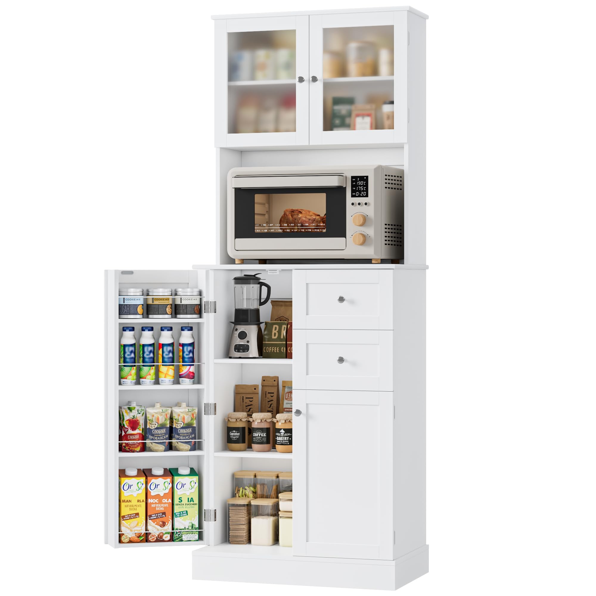 HOCSOK 182.5cm Kitchen Pantry Cupboard, Freestanding Kitchen Storage Cabinet with 4 Doors and 2 Draw