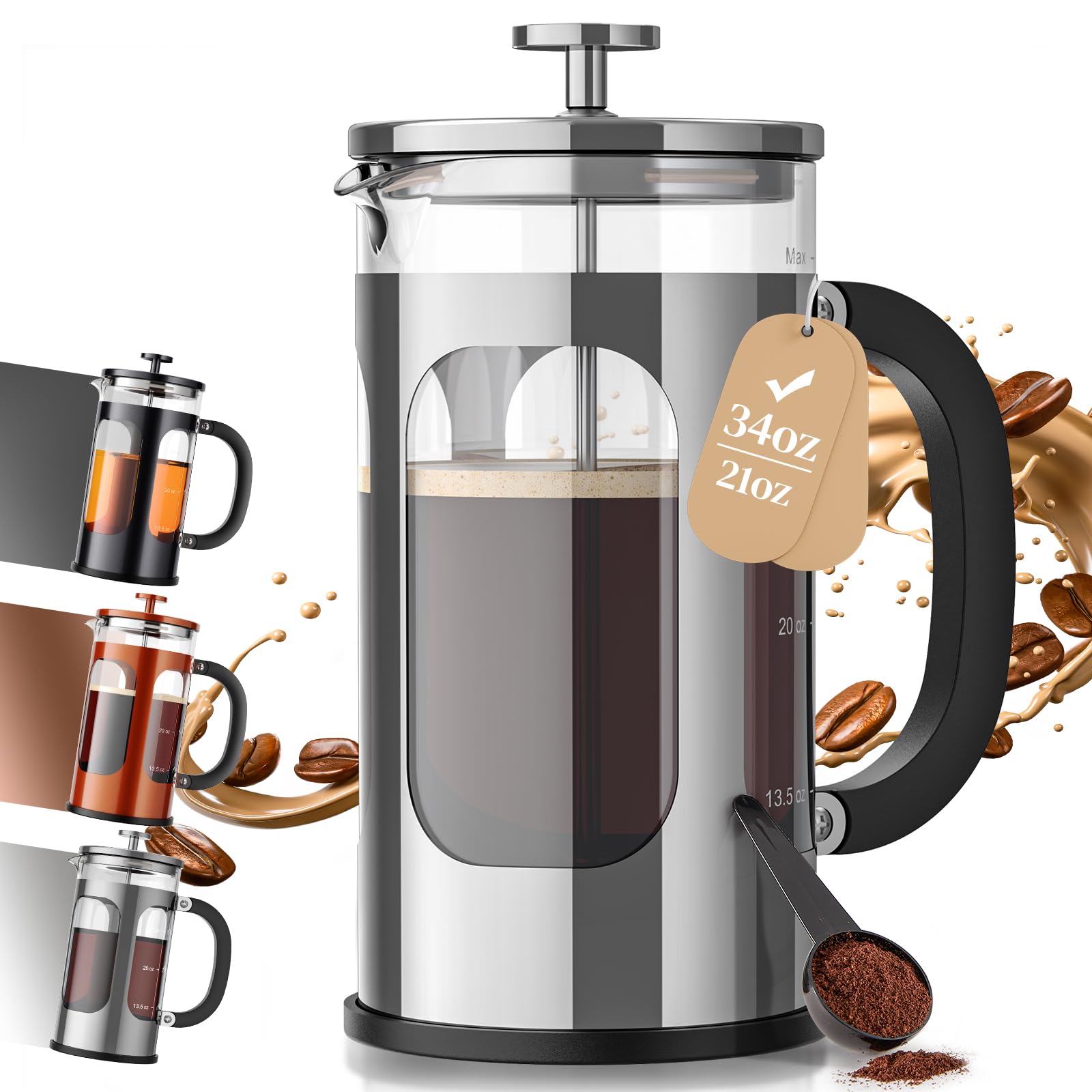 Veken French Press Coffee Maker 34oz 1 L, No Plastic Touching Cafe, Heat Resistant Thickened Borosil