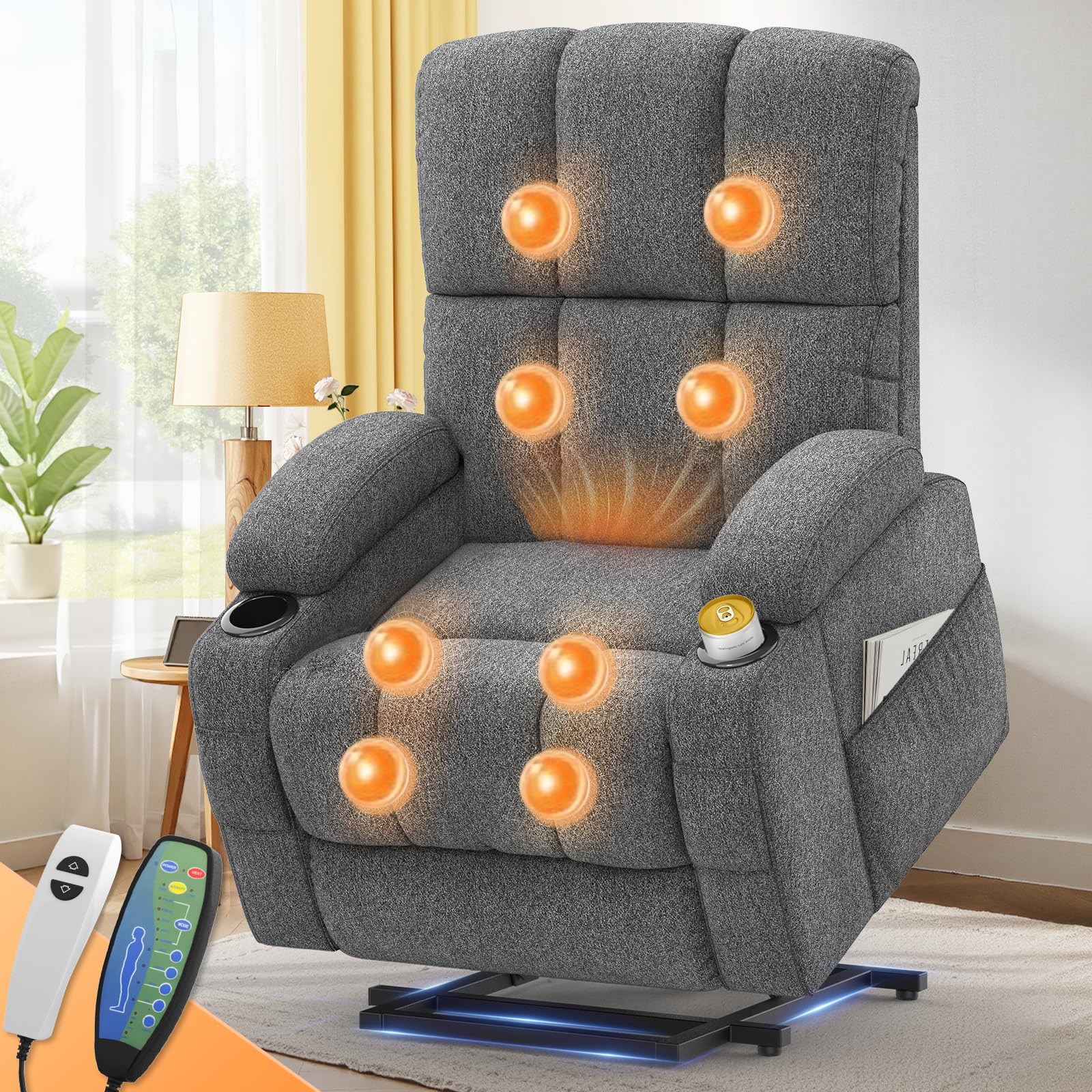 Lift Chair for elderly, Recliner Armchair with Massage and Heating, Comfy Rise Recliner with Extended Footrest,Type C+US