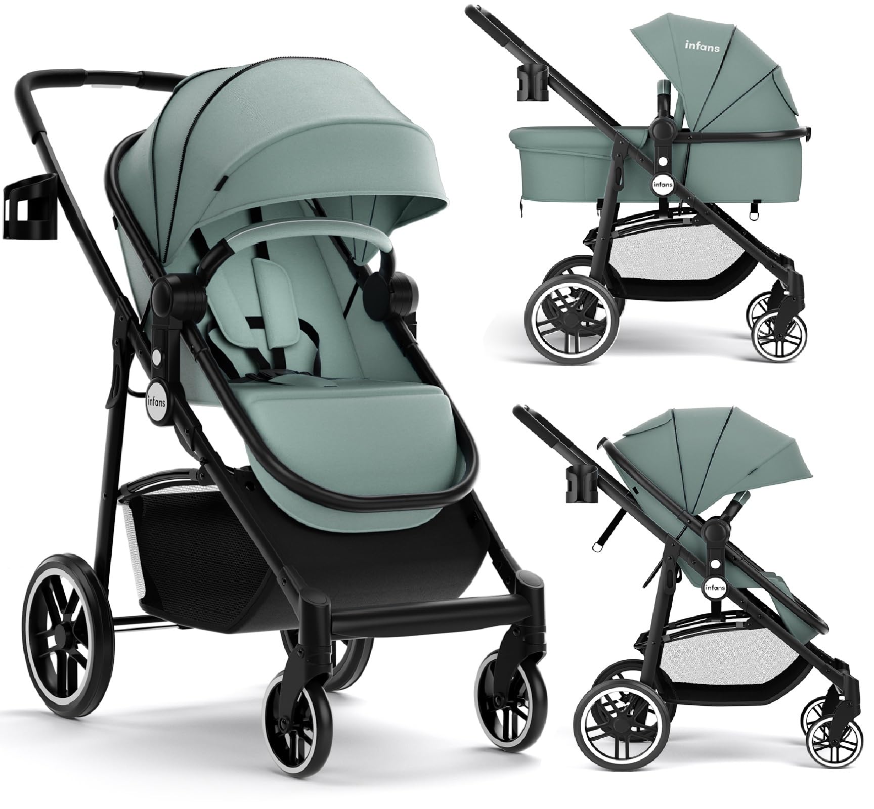 INFANS 2 in 1 Baby Stroller, High Landscape Infant Stroller & Reversible Bassinet Pram, Foldable Pushchair with Adjustab