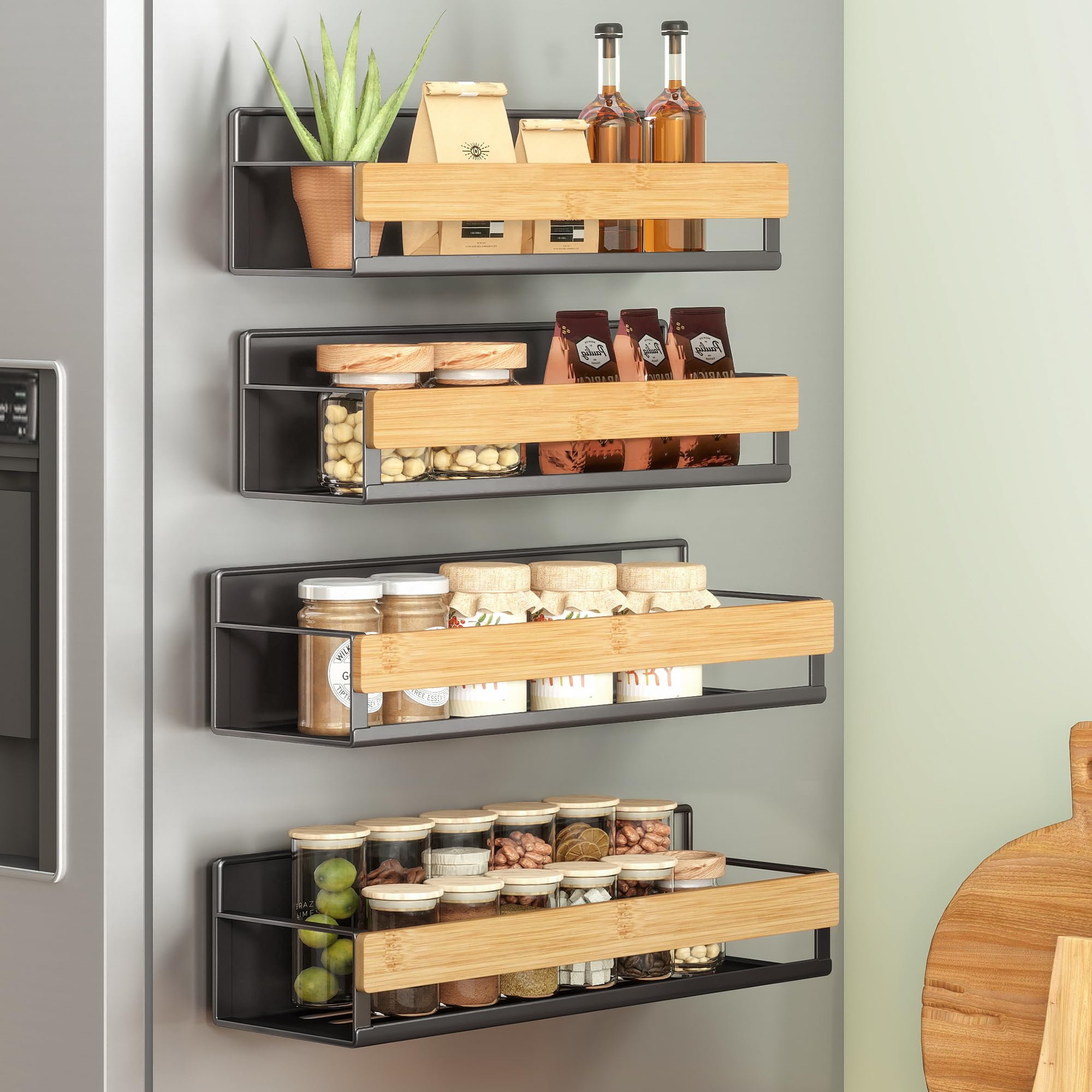 SONGMICS Magnetic Bamboo Spice Rack for Refrigerator, 4 Pack, 2 Large and 2 Small Kitchen Magnetic Shelves for Washing M