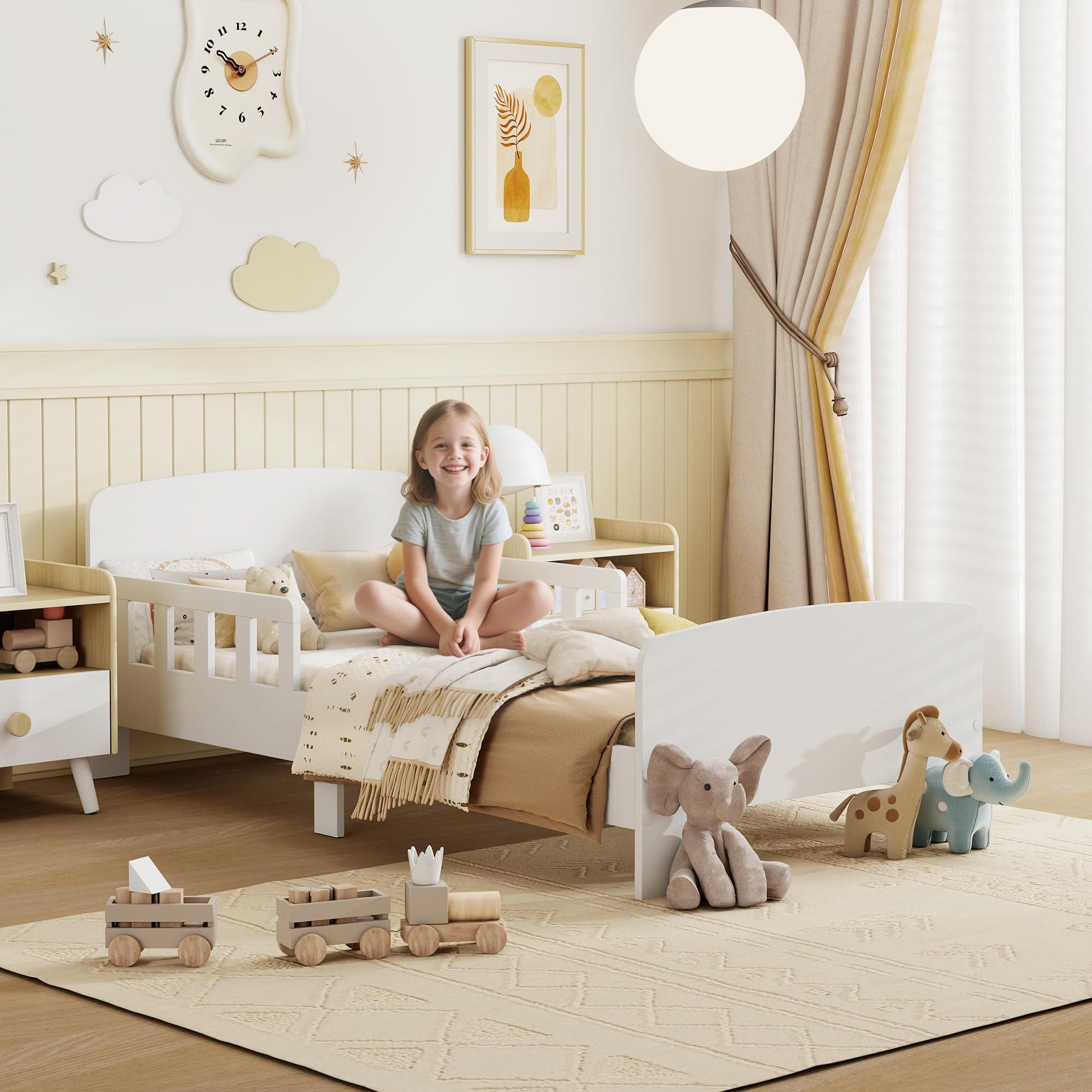 AIYAPLAY Toddler Bed, Kids Bed Frame with Safety Side Rails for Girls and Boys, Kids Bedroom Furnitu