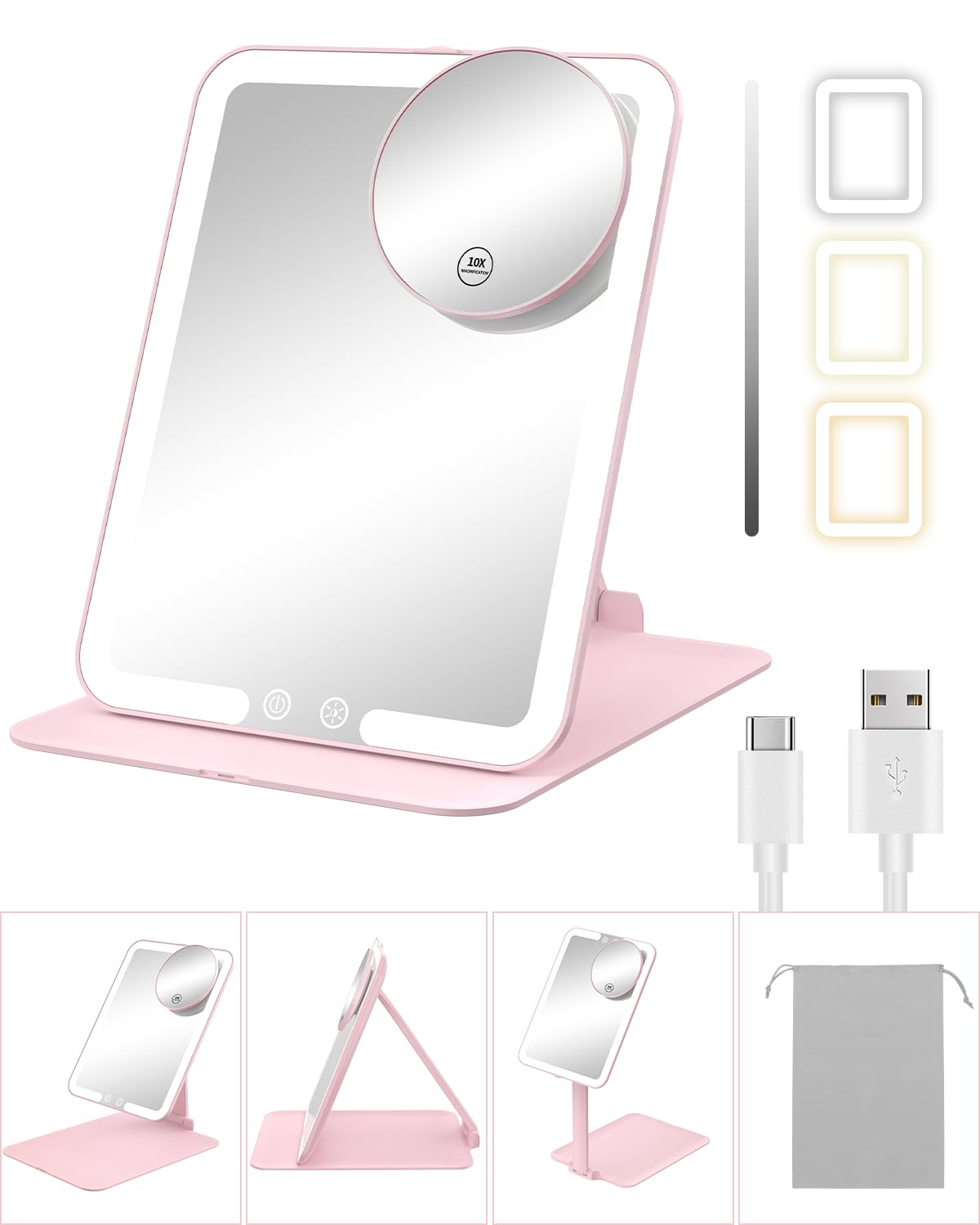 Gospire Travel Makeup Mirror with Lights and Magnification 10X, Portable Make Up Compact Tabletop Mi