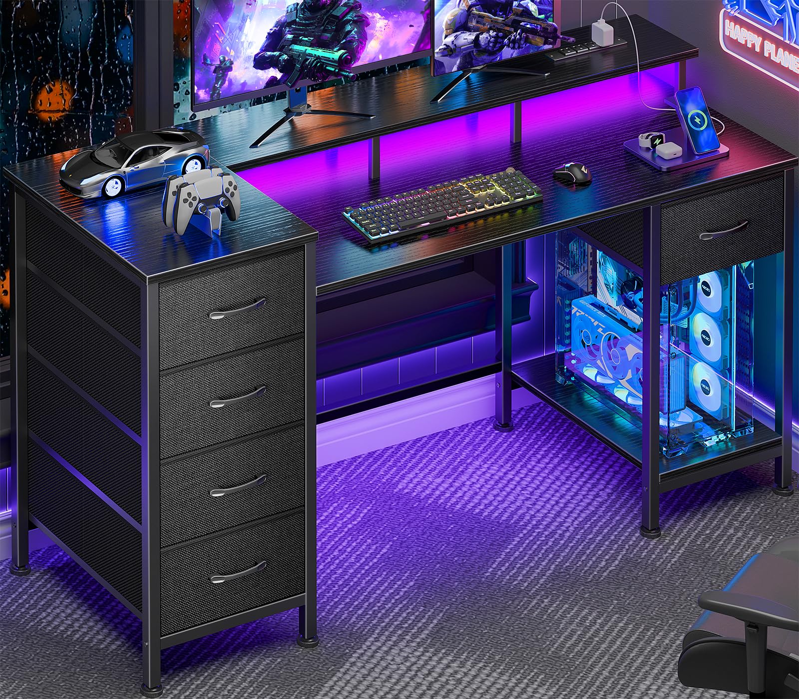 Korfile 47 Inch Gaming Desk with Power Outlets and LED Lights, Reversible Computer Desk with 5 Fabric Storage Drawers, H