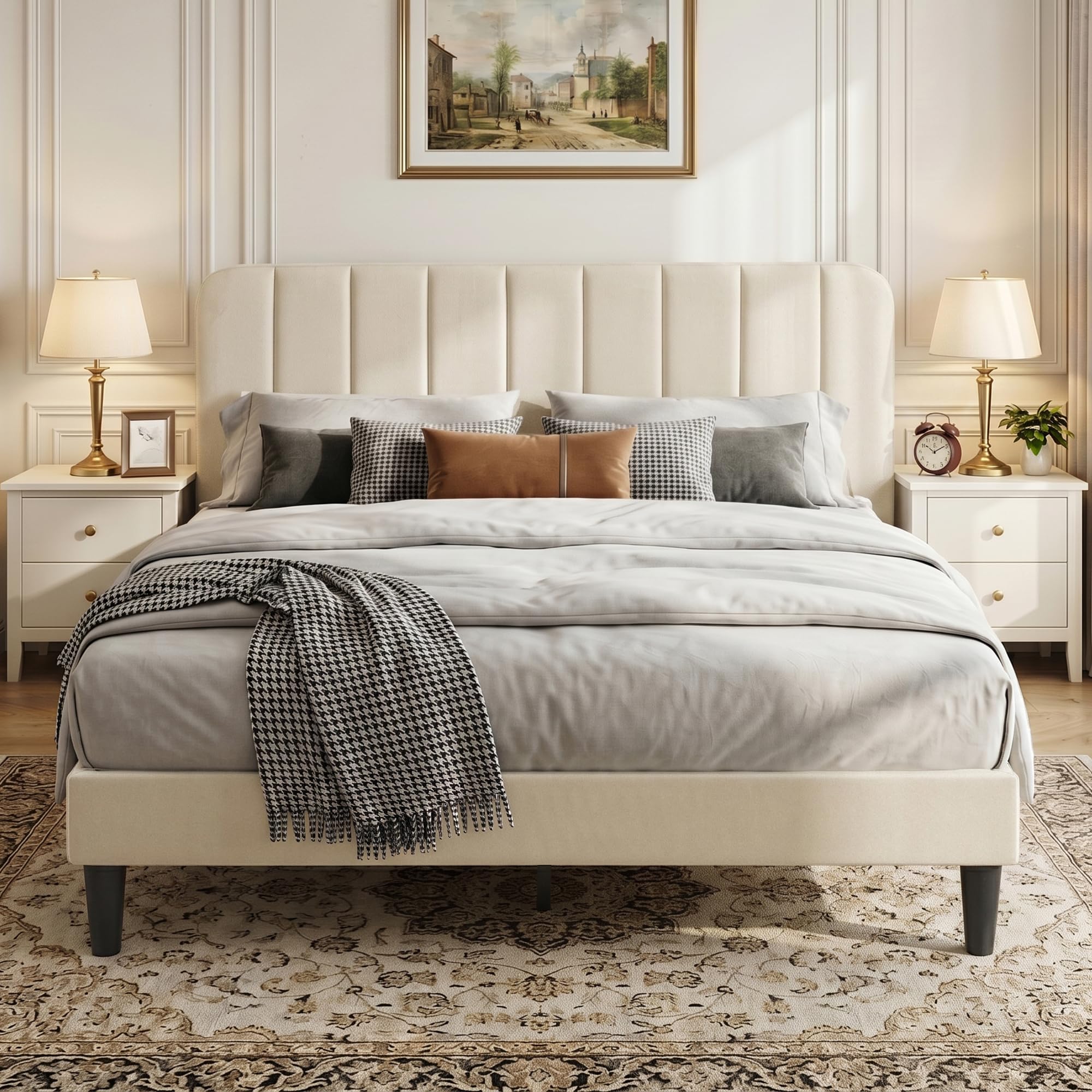 VECELO Upholstered Double Bed Frame with Velvet Headboard, 135 × 190 cm Platform Bed with Wooden Slats Support, Noise Fr
