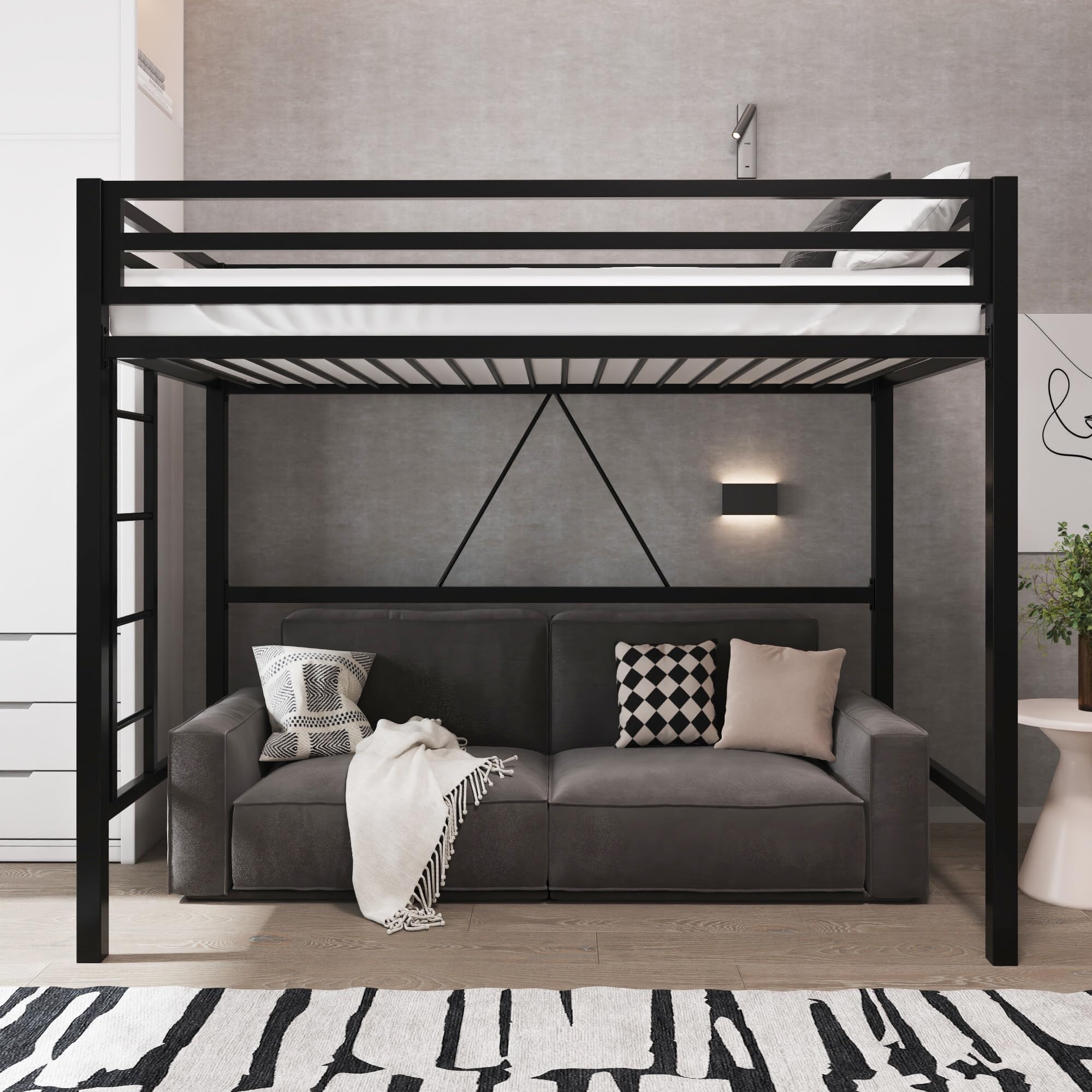 Allewie Metal Loft Bed Twin Size with Guardrail and Ladder, Small Space Saving Design for Bedroom Ki