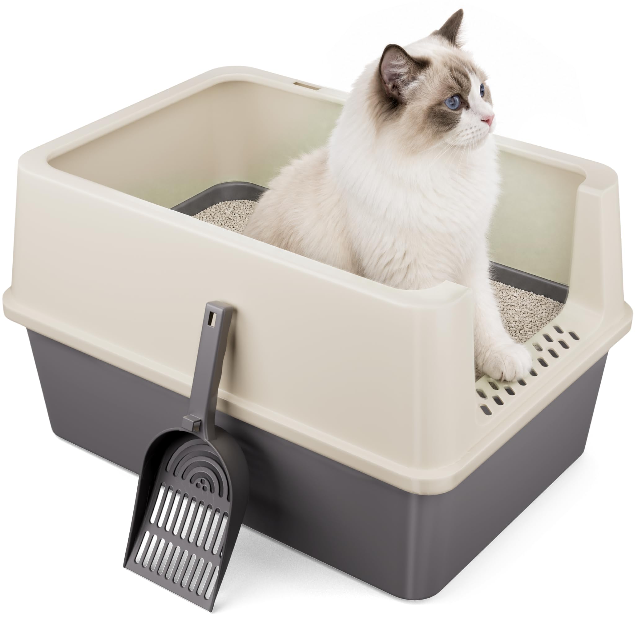 Large Open Top Cat Litter Tray with Scoop, High-Sided Cat Litter Box, Detachable Rim for Easy Cleani