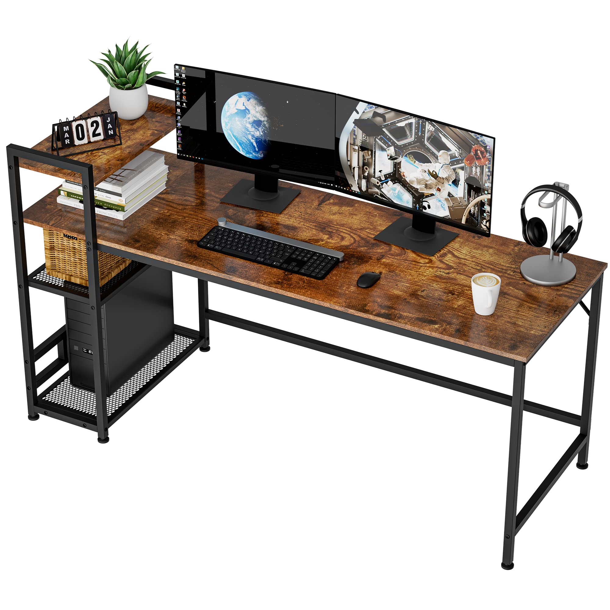 HOMIDEC Desk, 160x60cm Computer Desk with Bookshelf, Study Desk with 4 Tier DIY Storage Shelves Writ