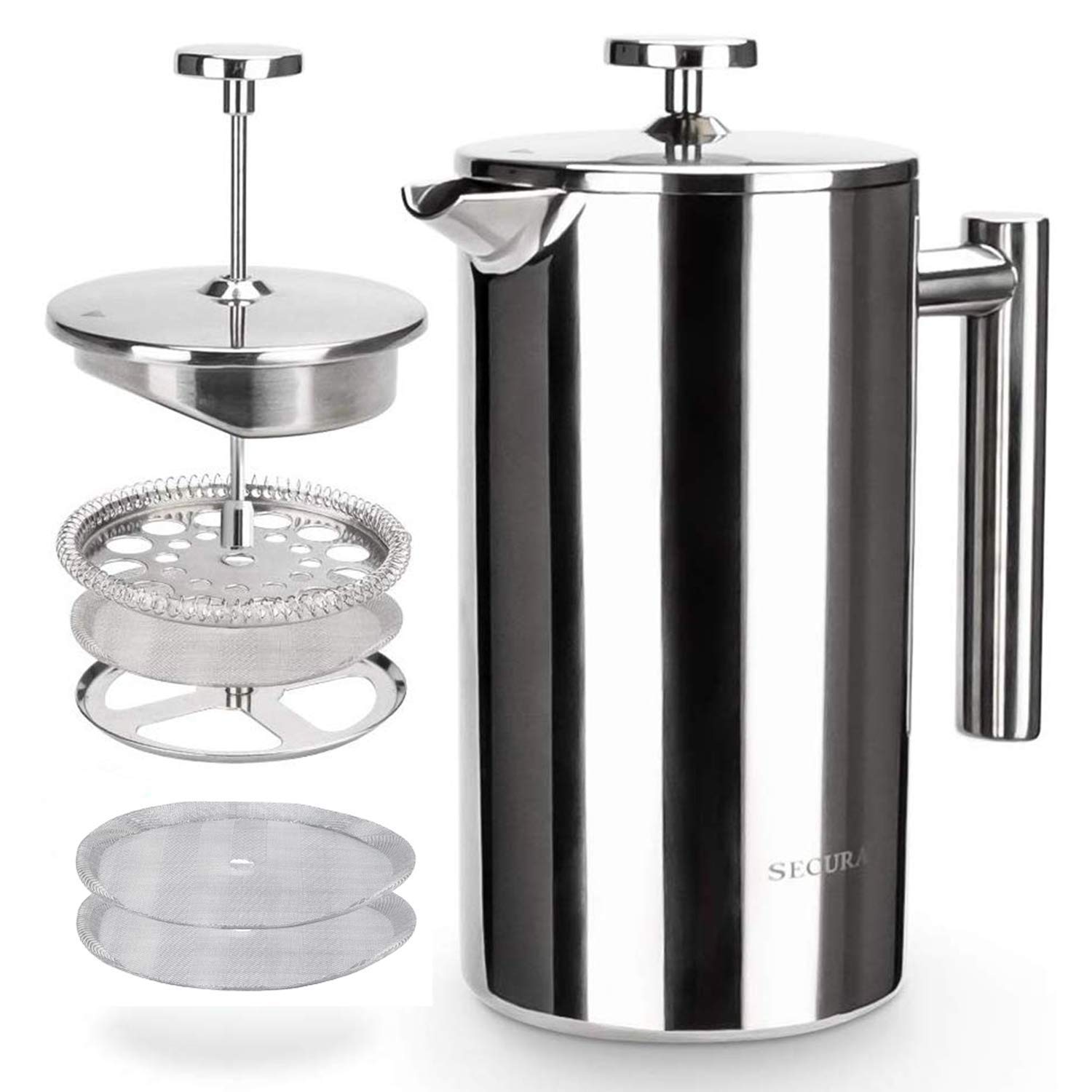 Secura French Press Coffee Maker, 304 Grade Stainless Steel Insulated Coffee Press with 2 Extra Scre