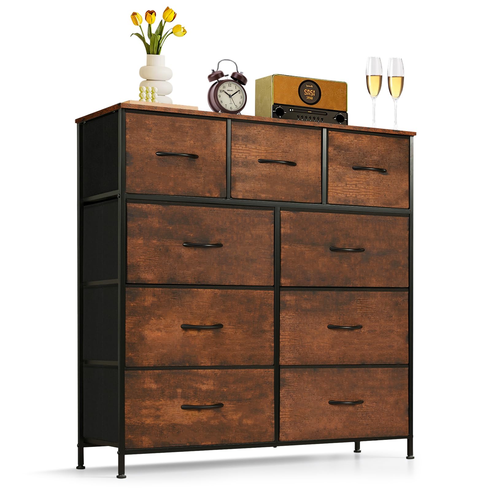 9-Drawer Dresser for Bedroom, Anti-Tip Tall Storage Organizer Chest of Drawers with Wooden Top and Metal Frame Fabric Bi