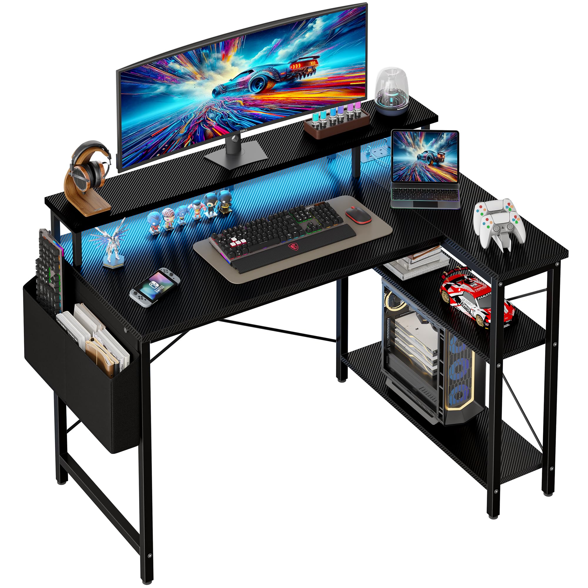 Grandder 100cm Reversible L-Shaped Gaming Desk with Power Sockets & LED Lights, Carbon Fibre Computer Table with Long Mo