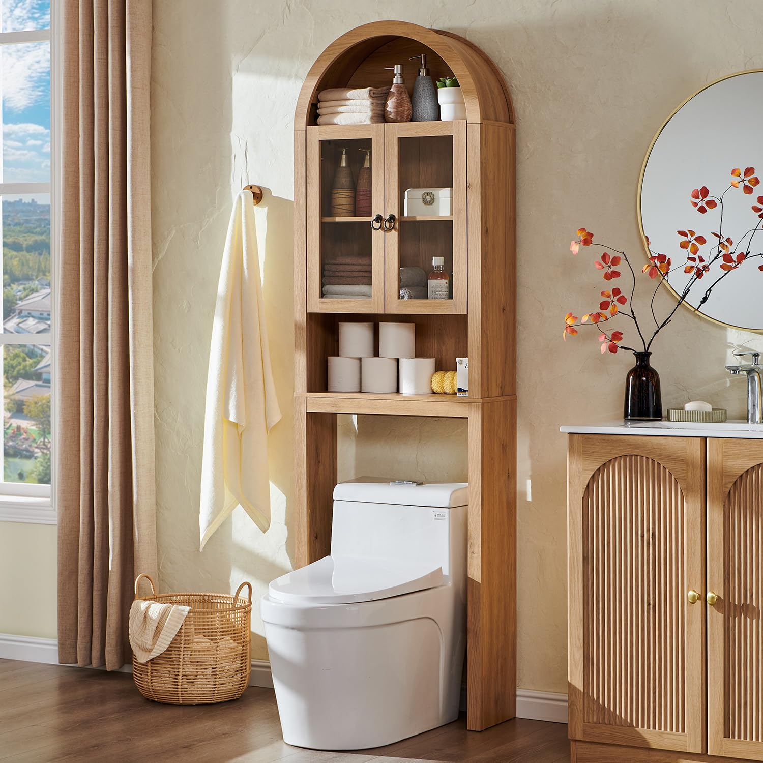 IFGET Arched Over The Toilet Storage Cabinet with Acrylic Doors, Modern Over Toilet Bathroom Organizer Shelf, Small Wood