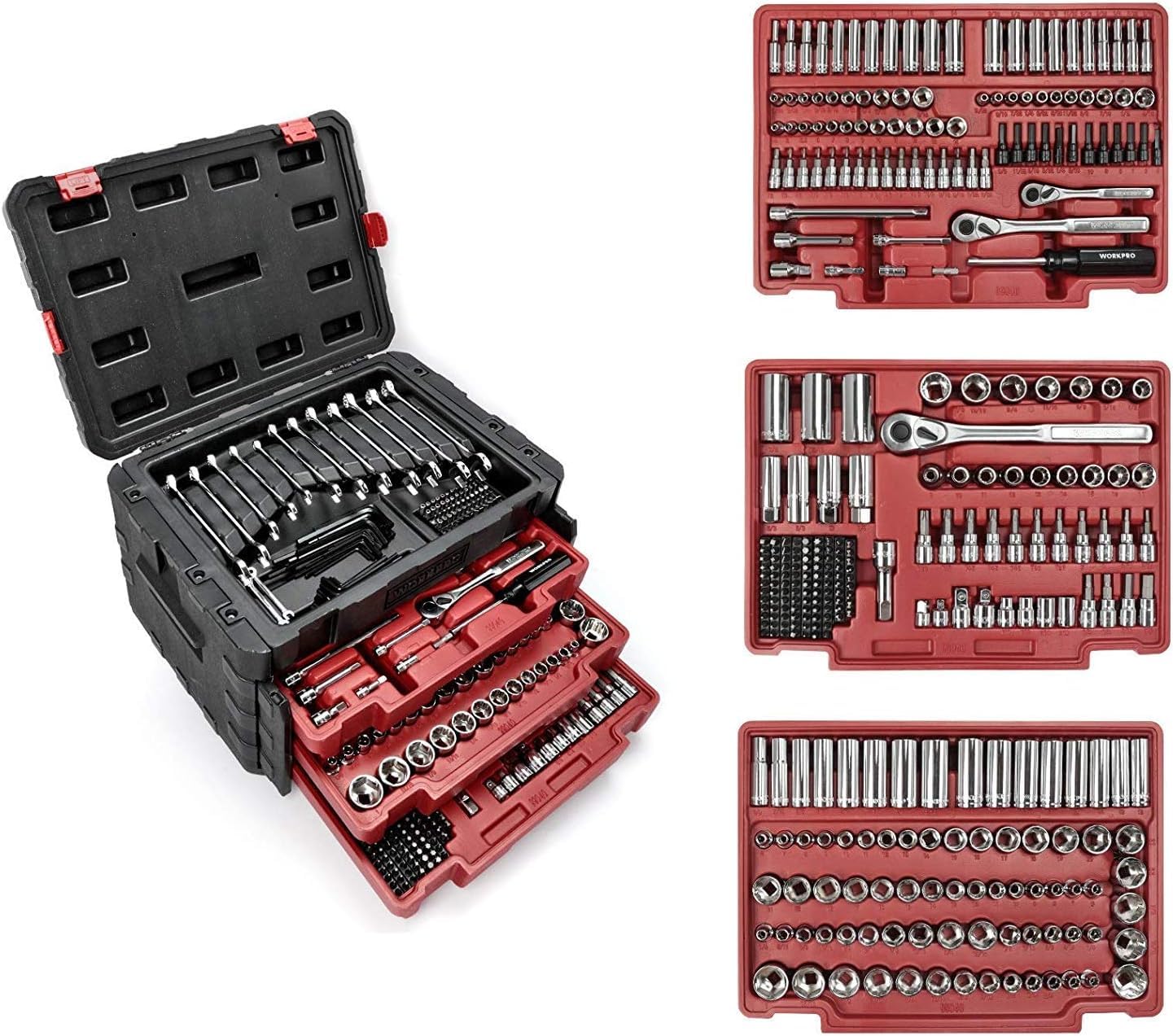 WORKPRO 450-Piece Drive Socket Set 1/2" 1/4" 3/8", CR-V Metric and Imperial with Quick-Release Ratch