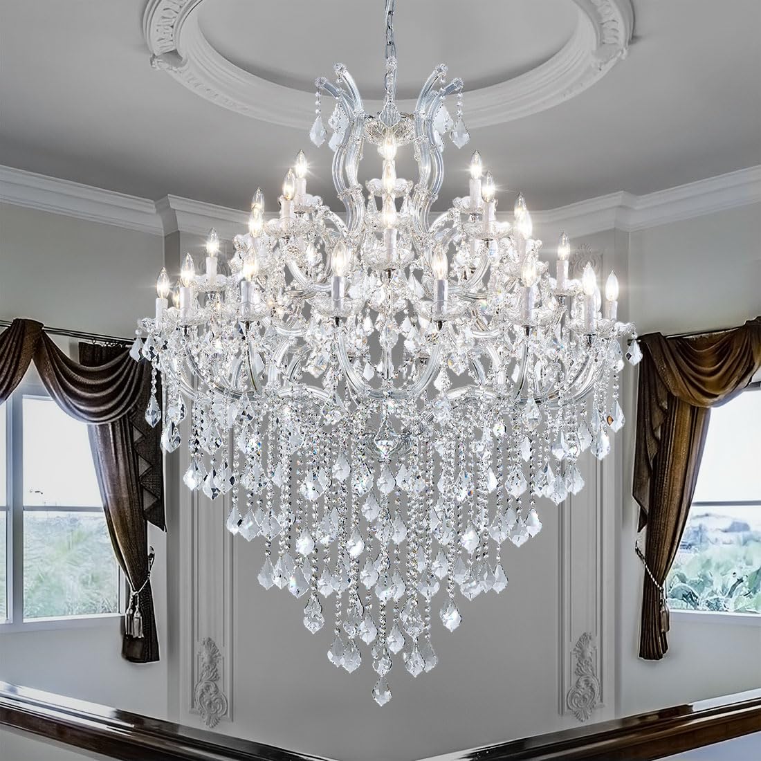 Large Modern Chandelier Light Fixtures - 36 Lights, 4 Layers Chrome Crystal Chandeliers for Hotel, Lobby, Foyer, Entranc