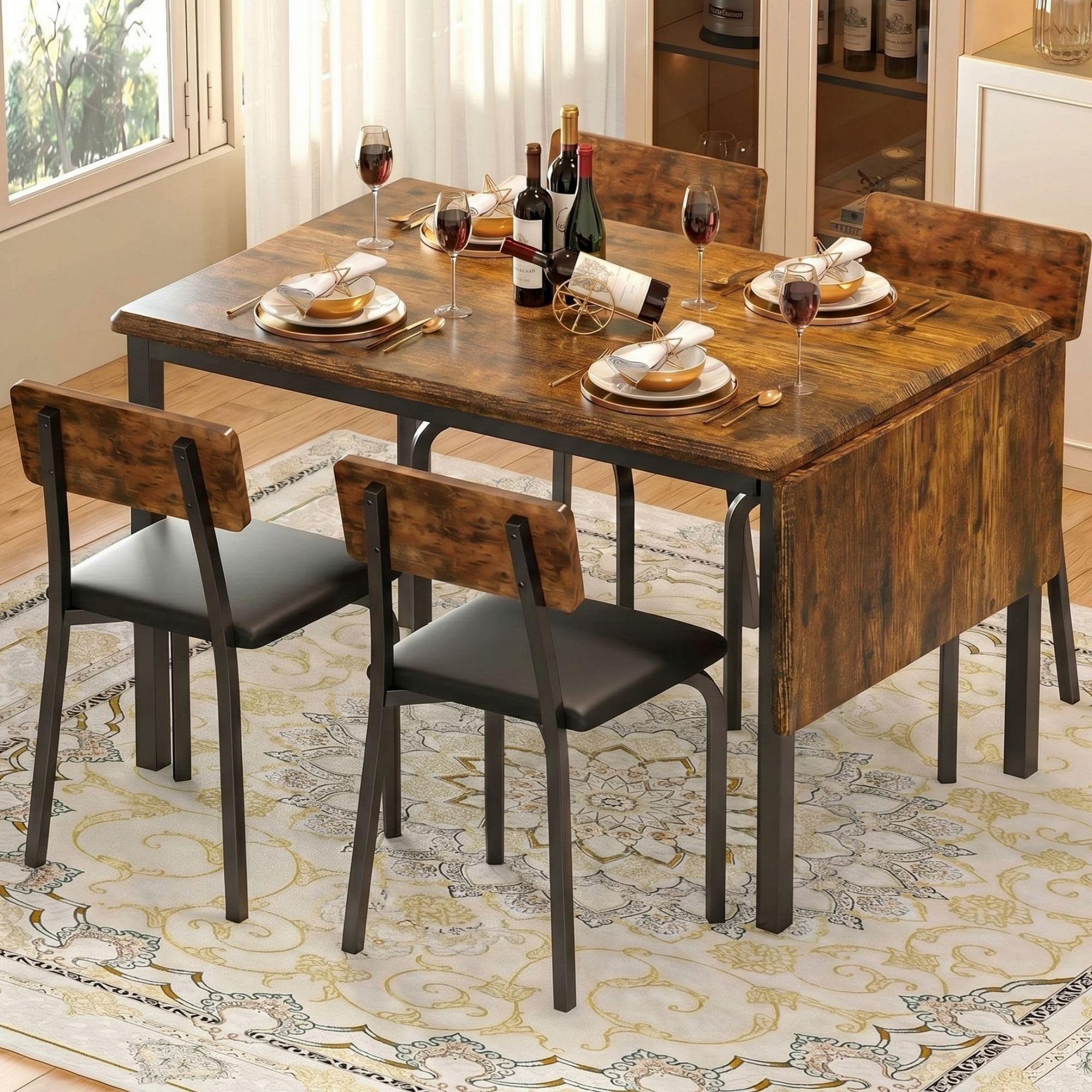 IRONCK 5-Piece 63" Extendable Dining Table with 4 Upholstered Chairs, Kitchen Table Set for 4-8 Peop