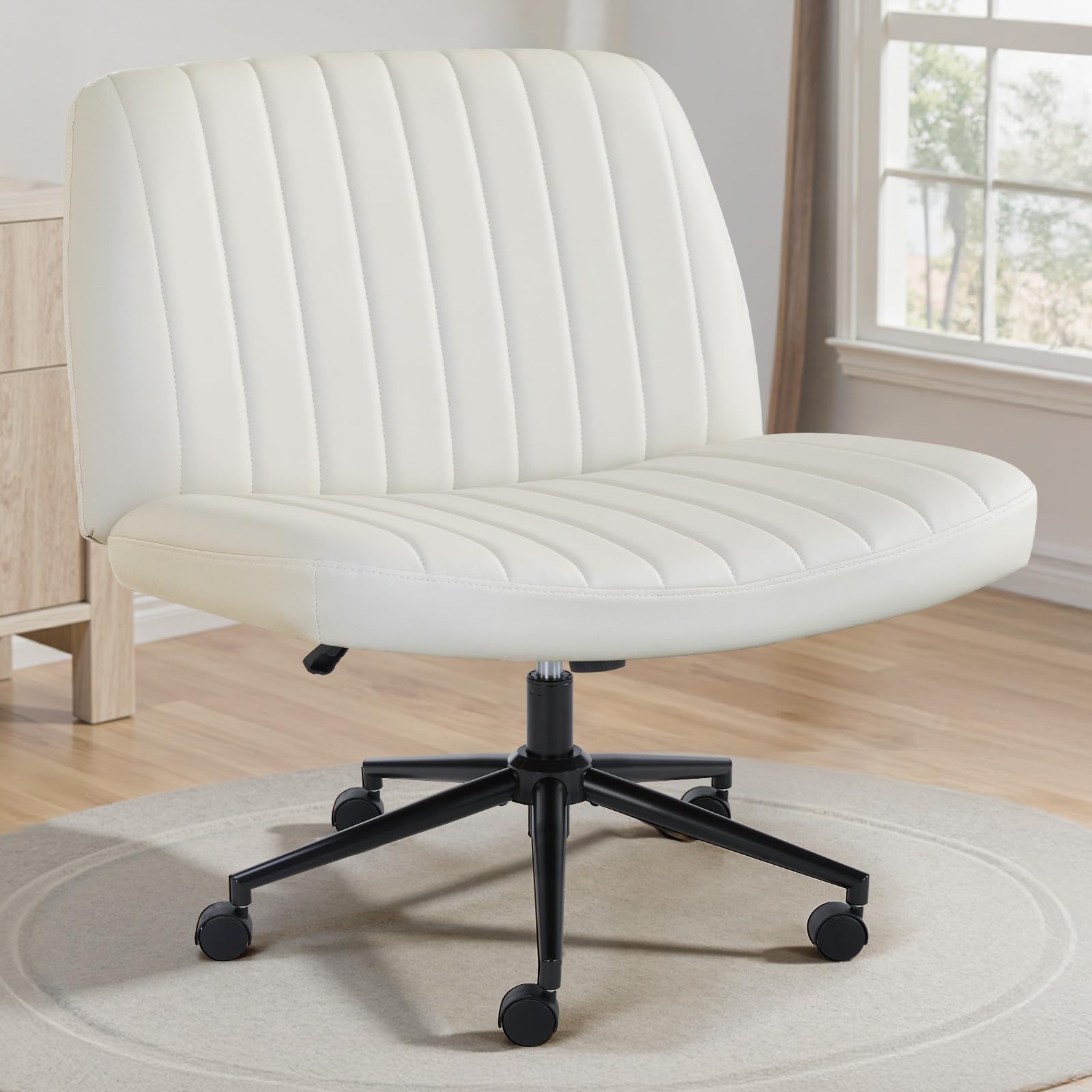 OLIXIS Criss Cross Chair with Wheels Wide Cross Legged Office Desk Vanity Chair Comfy Fabric Armless Adjustable Swivel f